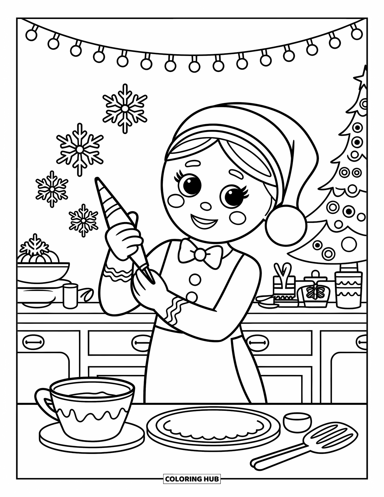 Gingerbread Coloring Page for Kids: Gingerbread baker creates frosting snowflakes surrounded by Christmas lights and a cozy tree
