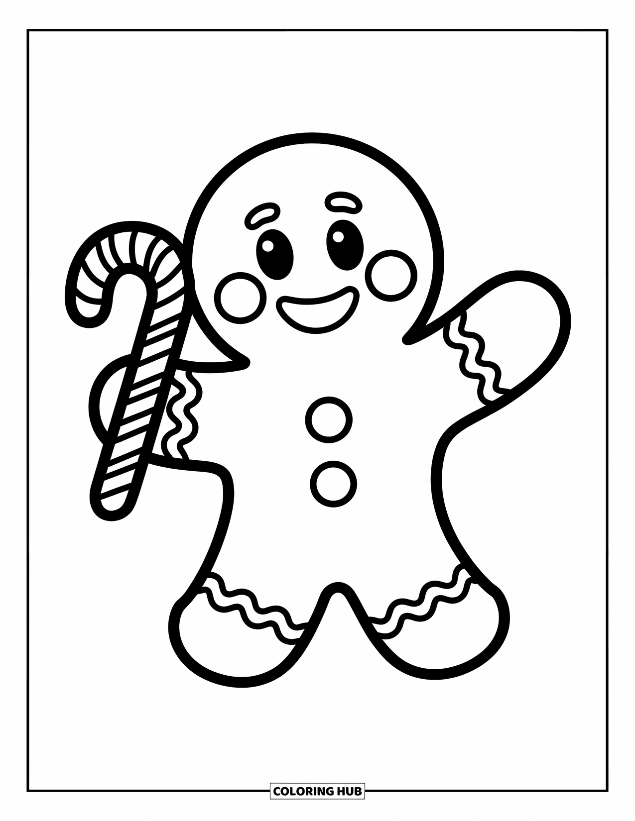 Gingerbread Coloring Page for Kids: Gingerbread buddy waves excitedly, candy cane in hand and joy in the air
