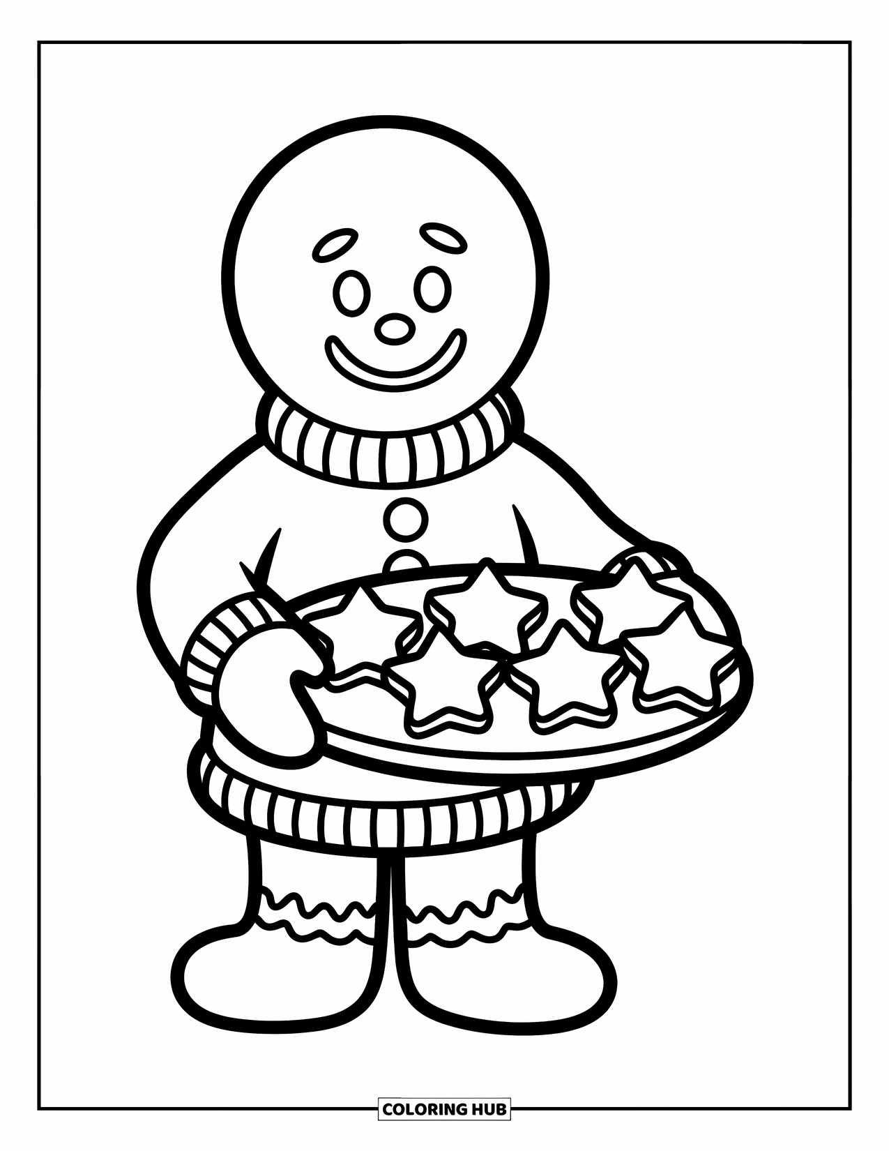 Gingerbread Coloring Page for Kids: Gingerbread character in a cozy sweater holds cookies with a cheerful holiday vibe
