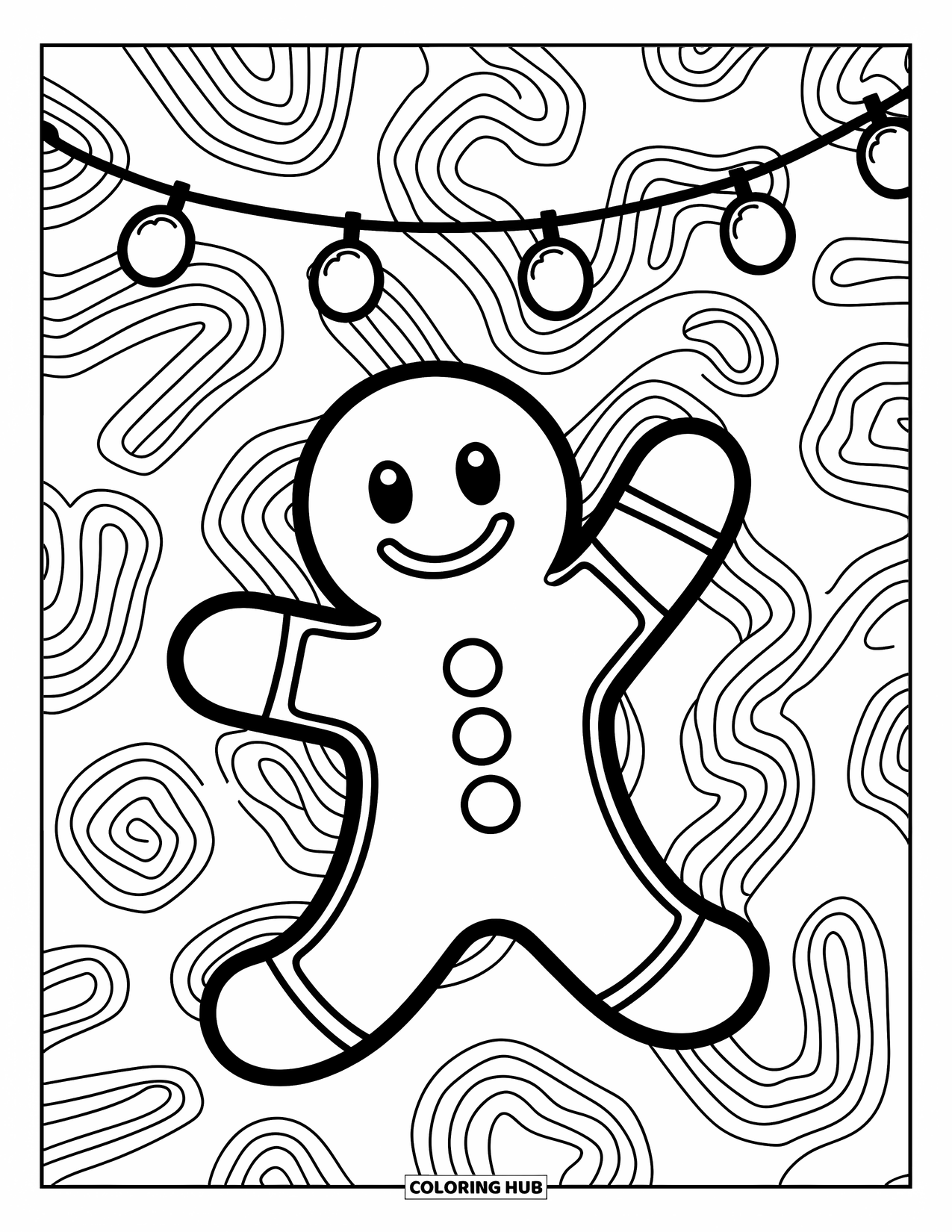 Gingerbread Coloring Page for Kids: Gingerbread character stretches to hang gumdrop lights, surrounded by festive patterns