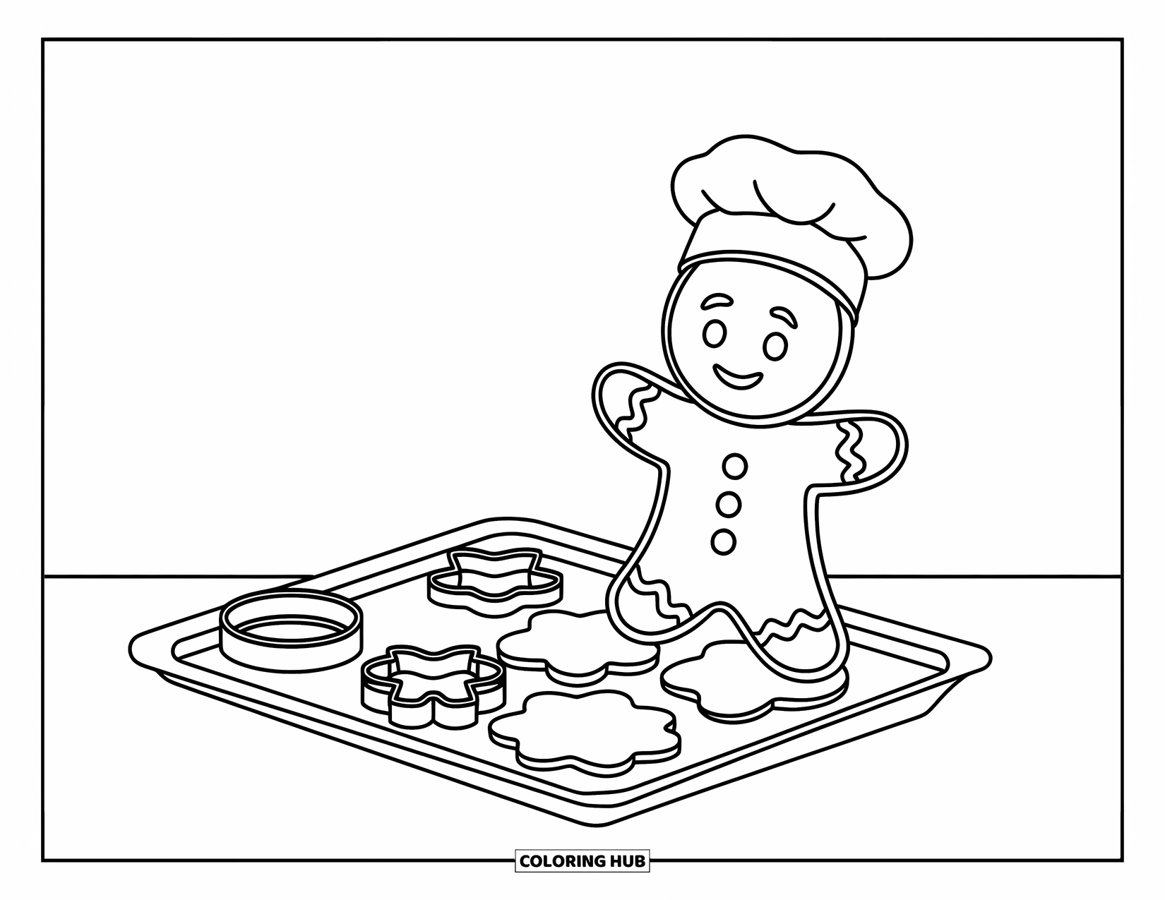 Gingerbread Coloring Page for Kids: Gingerbread chef stands beside cookie cutters ready for baking fun