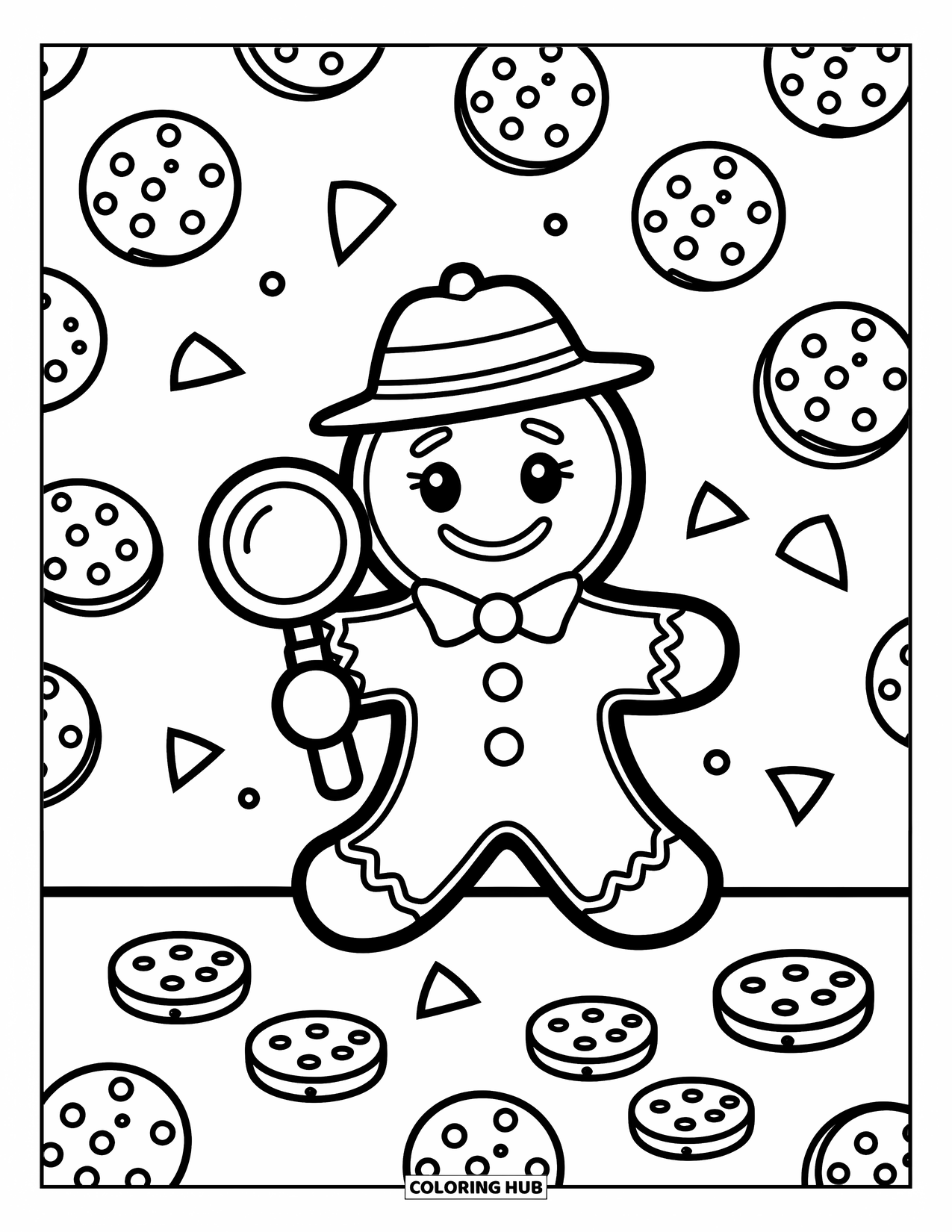 Gingerbread Coloring Page for Kids: Gingerbread detective follows a trail of cookie crumbs with a magnifying glass