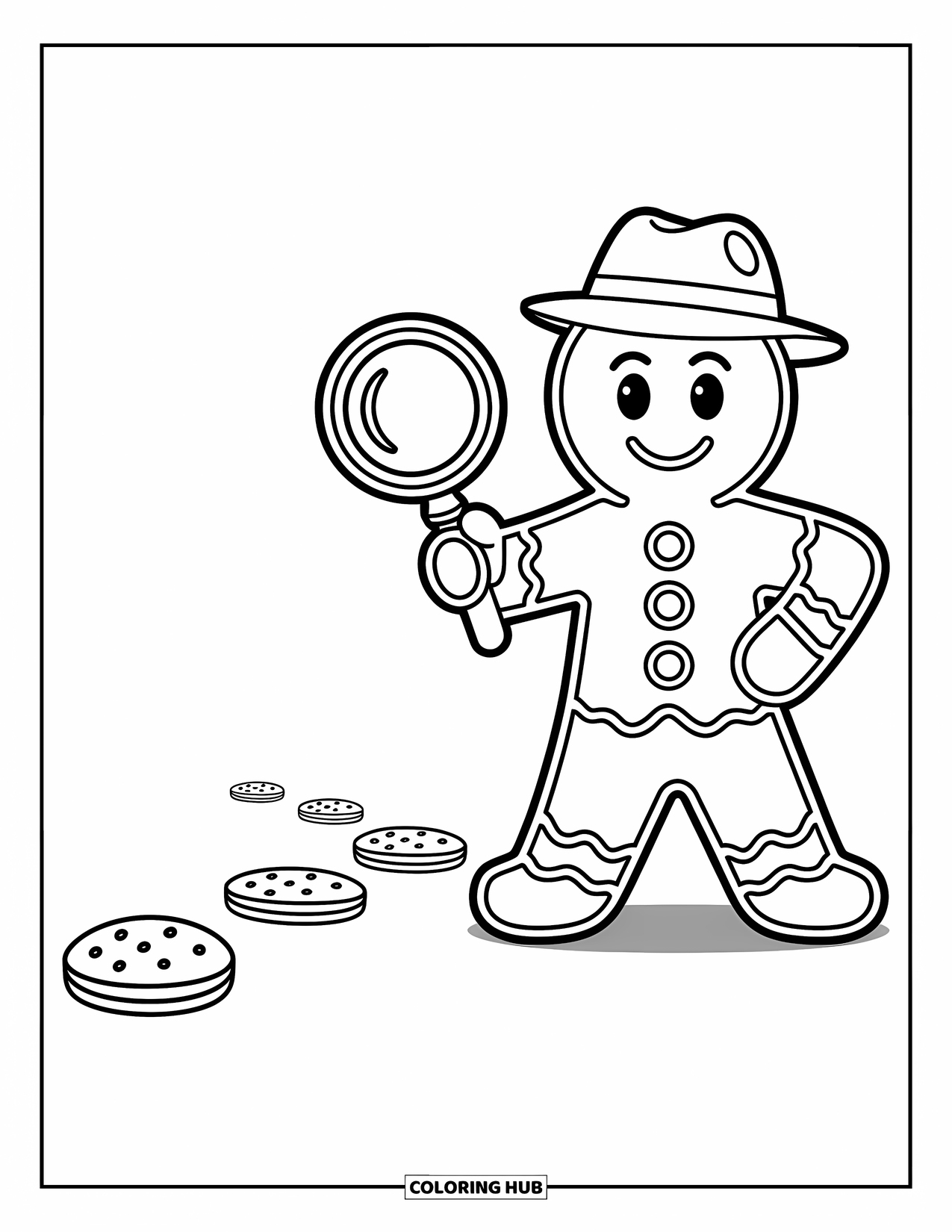 Gingerbread Coloring Page for Kids: Gingerbread detective stands ready to solve the mystery with sharp eyes