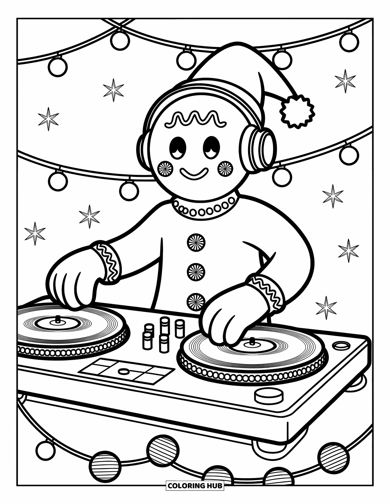 Gingerbread Coloring Page for Kids: Gingerbread DJ spins peppermint records at a festive holiday party