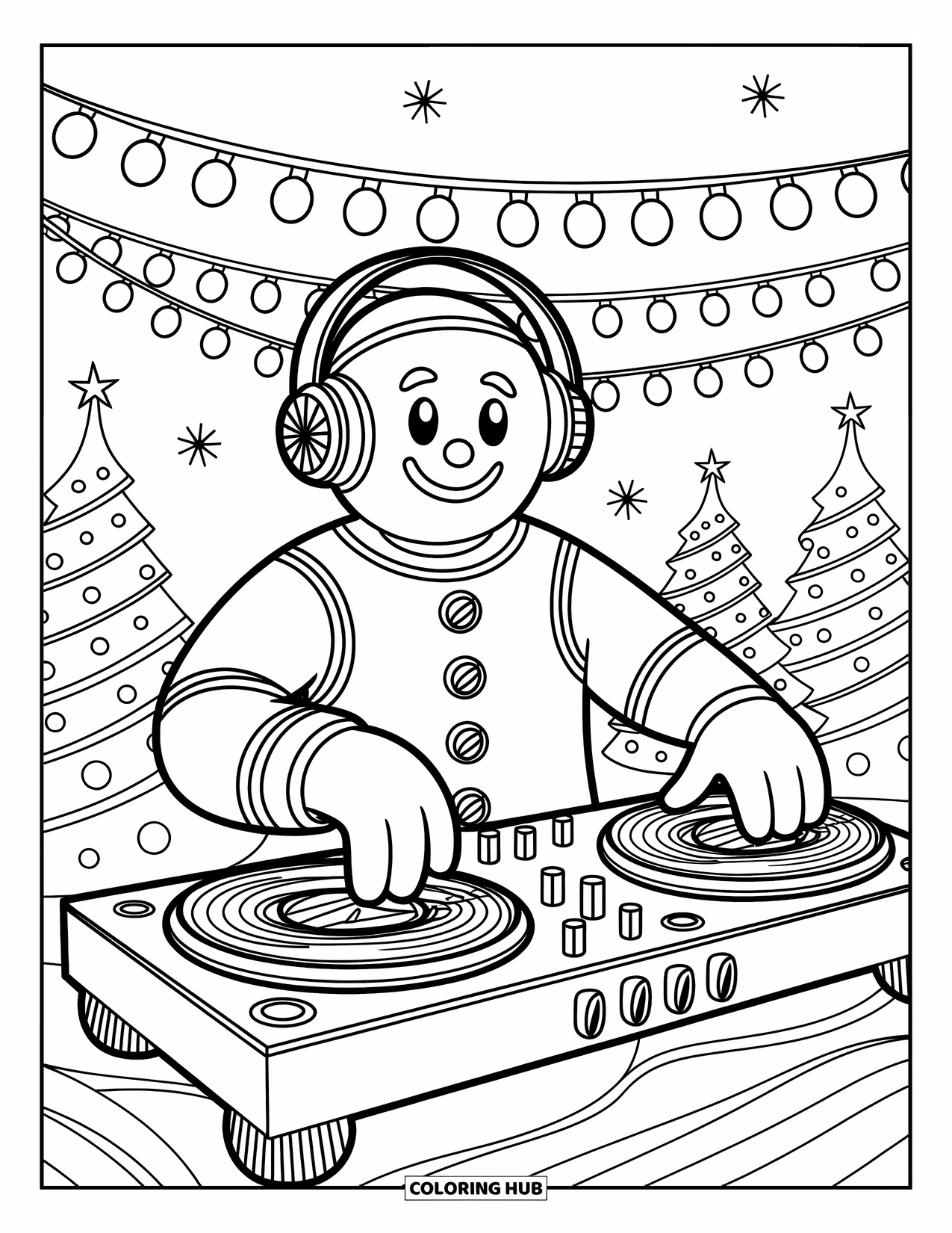 Gingerbread Coloring Page for Kids: Gingerbread DJ stands proud at the turntable, surrounded by stars and festive cheer