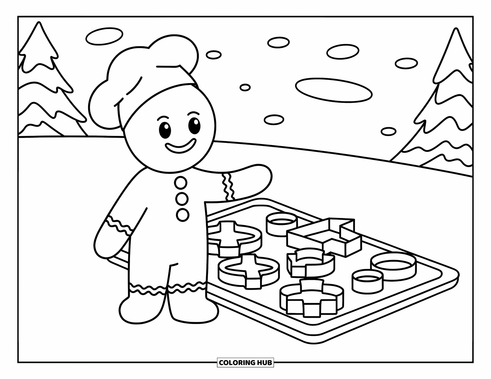 Gingerbread Coloring Page for Kids: Gingerbread figure in a chef hat stands next to cookie cutters and snowy sparkles