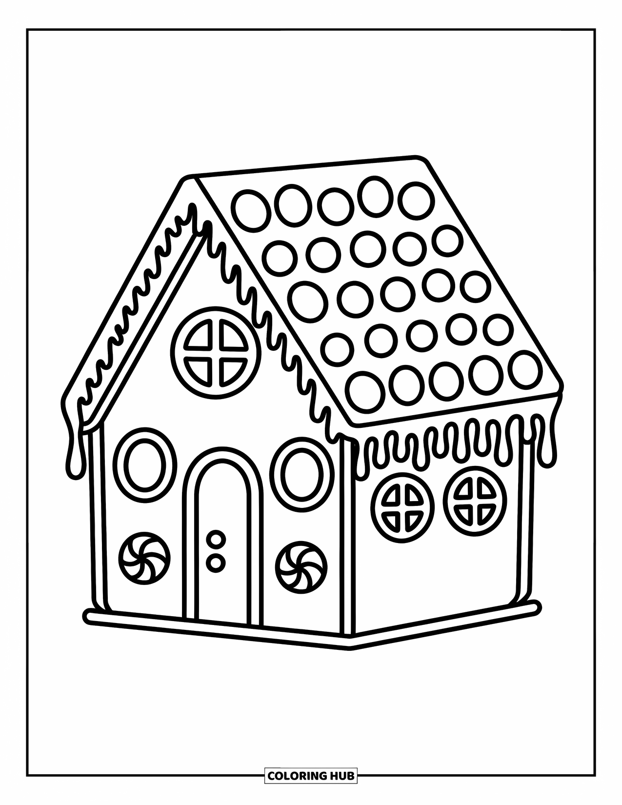 Gingerbread Coloring Page for Kids: Gingerbread house topped with gumdrops and icing drips stands cozy and sweet