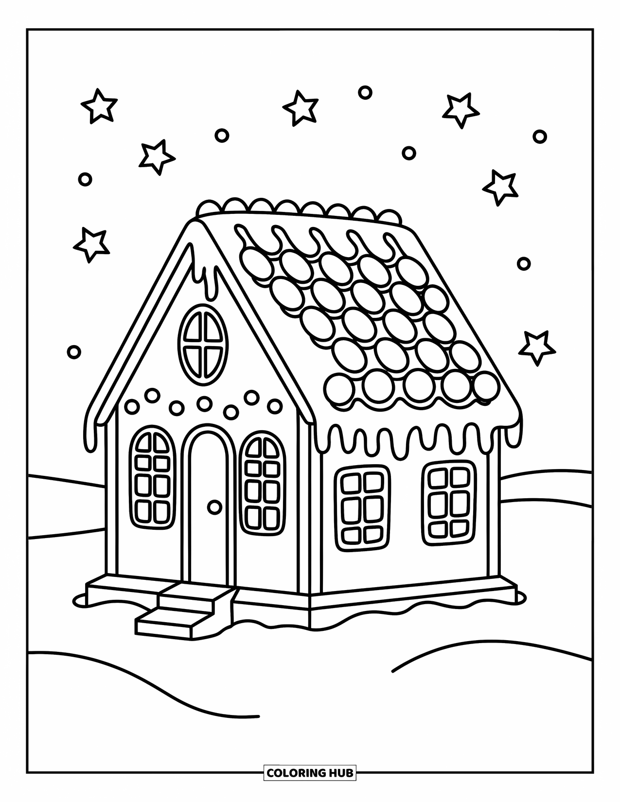Gingerbread Coloring Page for Kids: Gingerbread house with gumdrops and icing stands under a starry winter sky