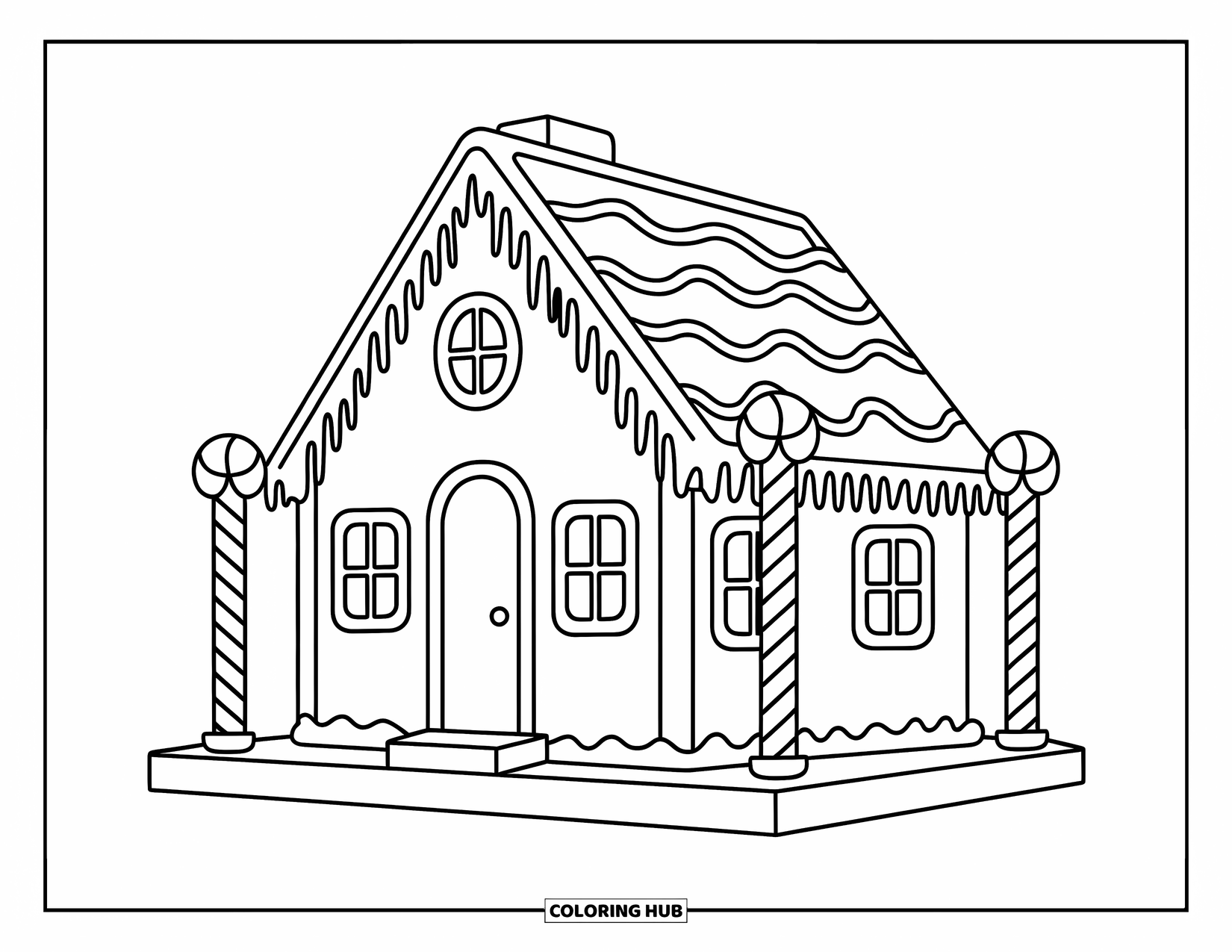 Gingerbread Coloring Page for Kids: Gingerbread house with icing icicles and candy columns stands cozy and inviting