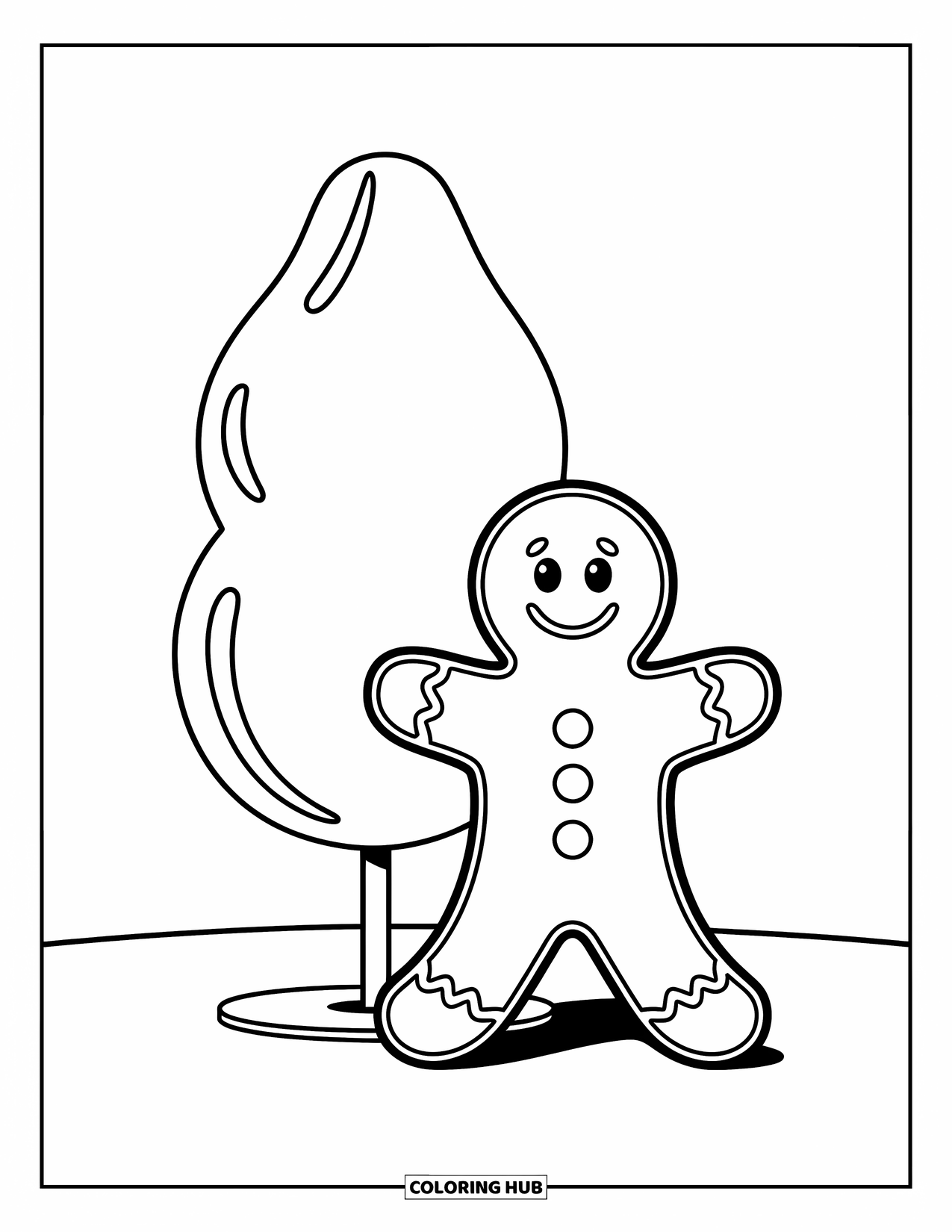 Gingerbread Coloring Page for Kids: Gingerbread man grins beside a giant gumdrop with joyful energy