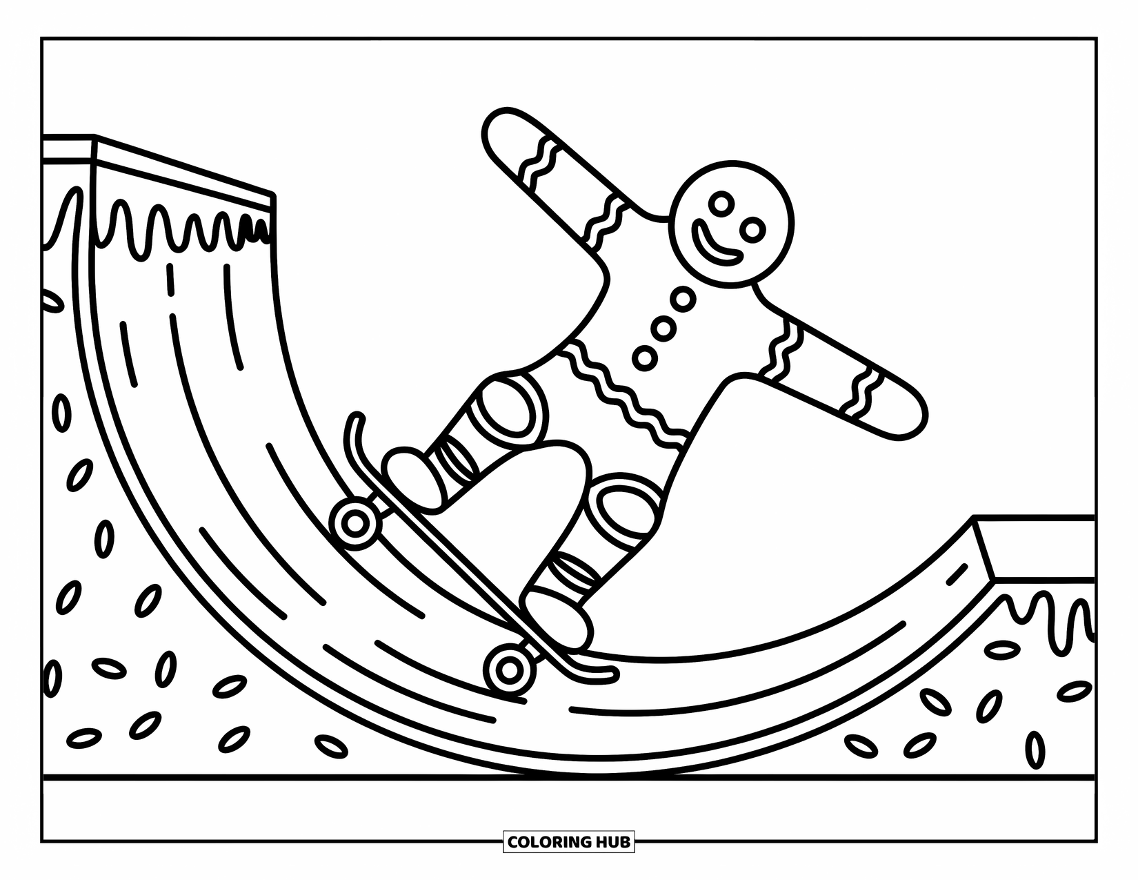 Gingerbread Coloring Page for Kids: Gingerbread skater flies high over a frosting halfpipe with bold moves