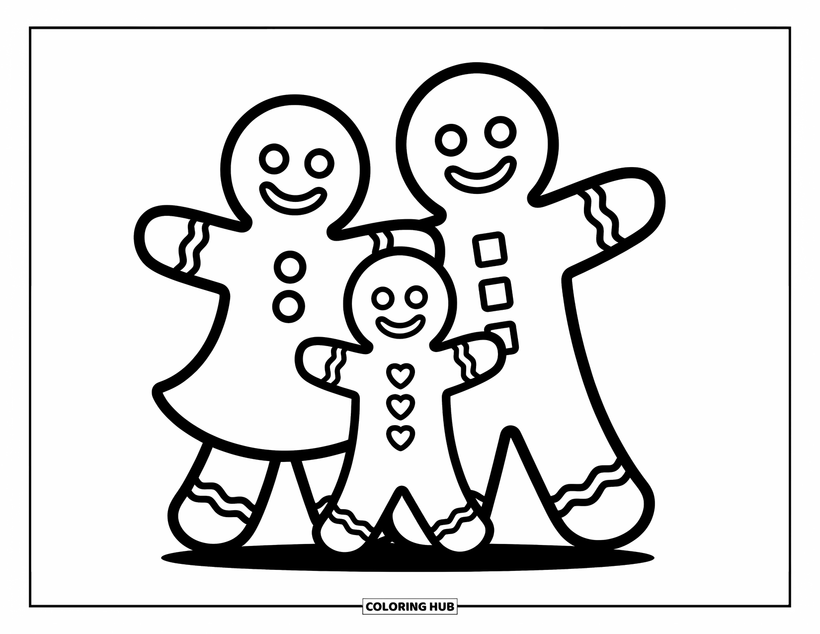 Gingerbread Coloring Page for Kids: Joyful gingerbread family stands close with playful expressions and sweet button designs