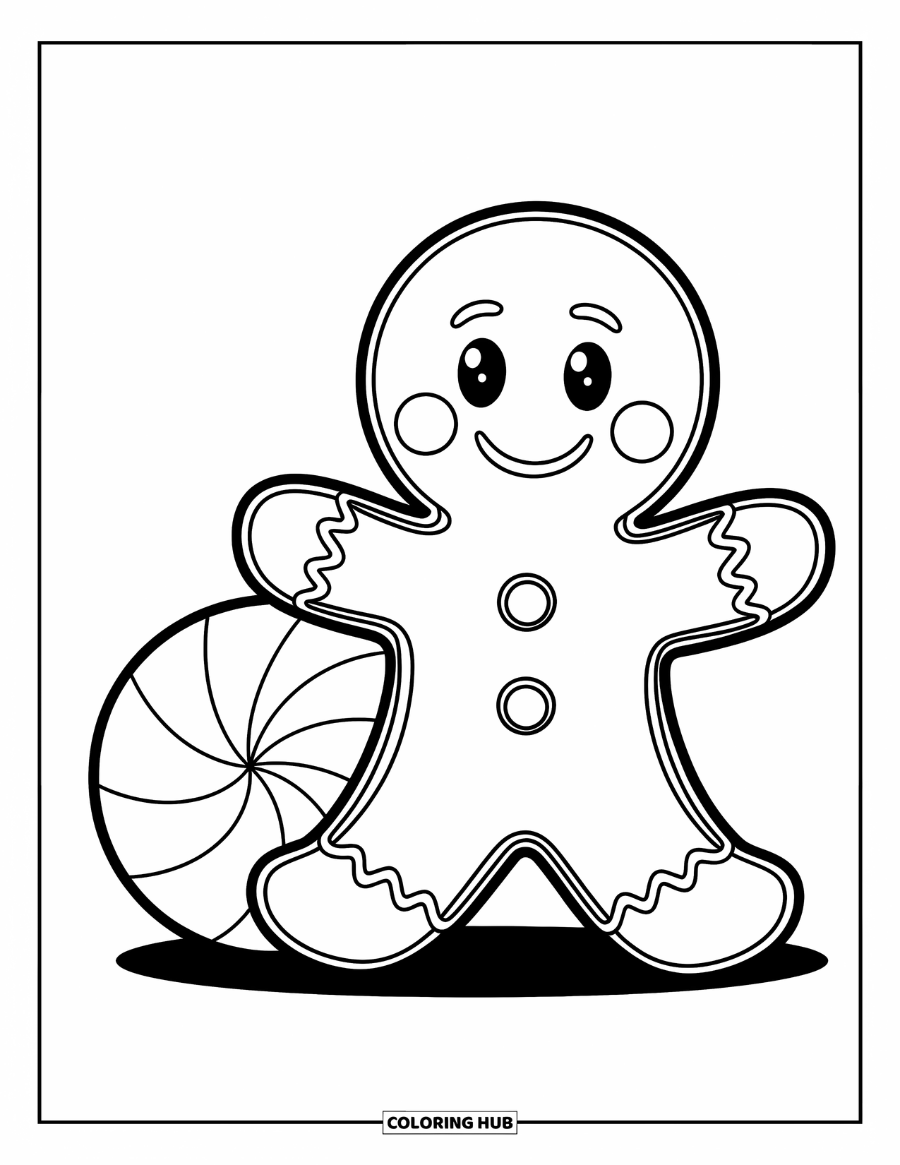 Gingerbread Coloring Page for Kids: Joyful gingerbread man welcomes you beside a playful, giant gumdrop