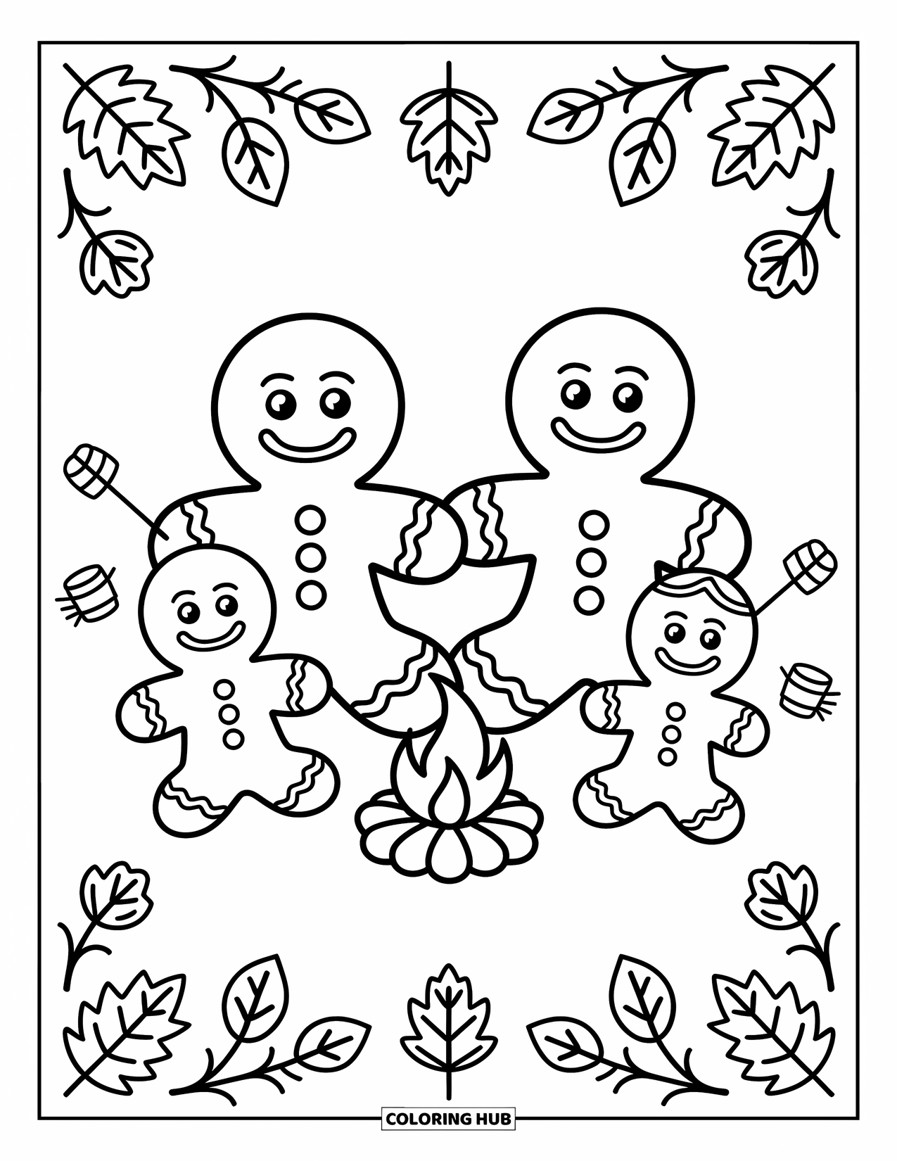 Gingerbread Coloring Page for Kids: Marshmallows toast over a fire as gingerbread friends enjoy a peaceful campsite moment