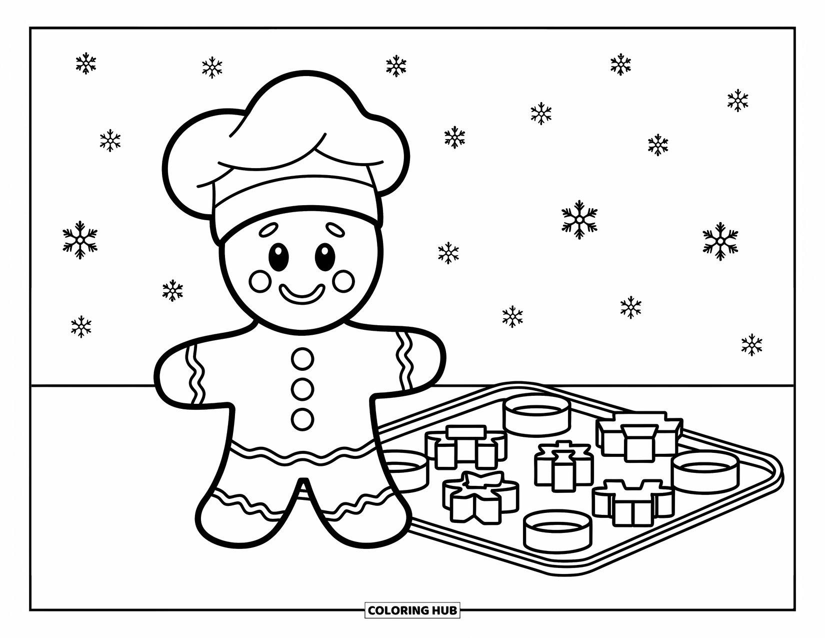 Gingerbread Coloring Page for Kids: Smiling gingerbread baker with a tiny hat stands by a tray of cookie shapes