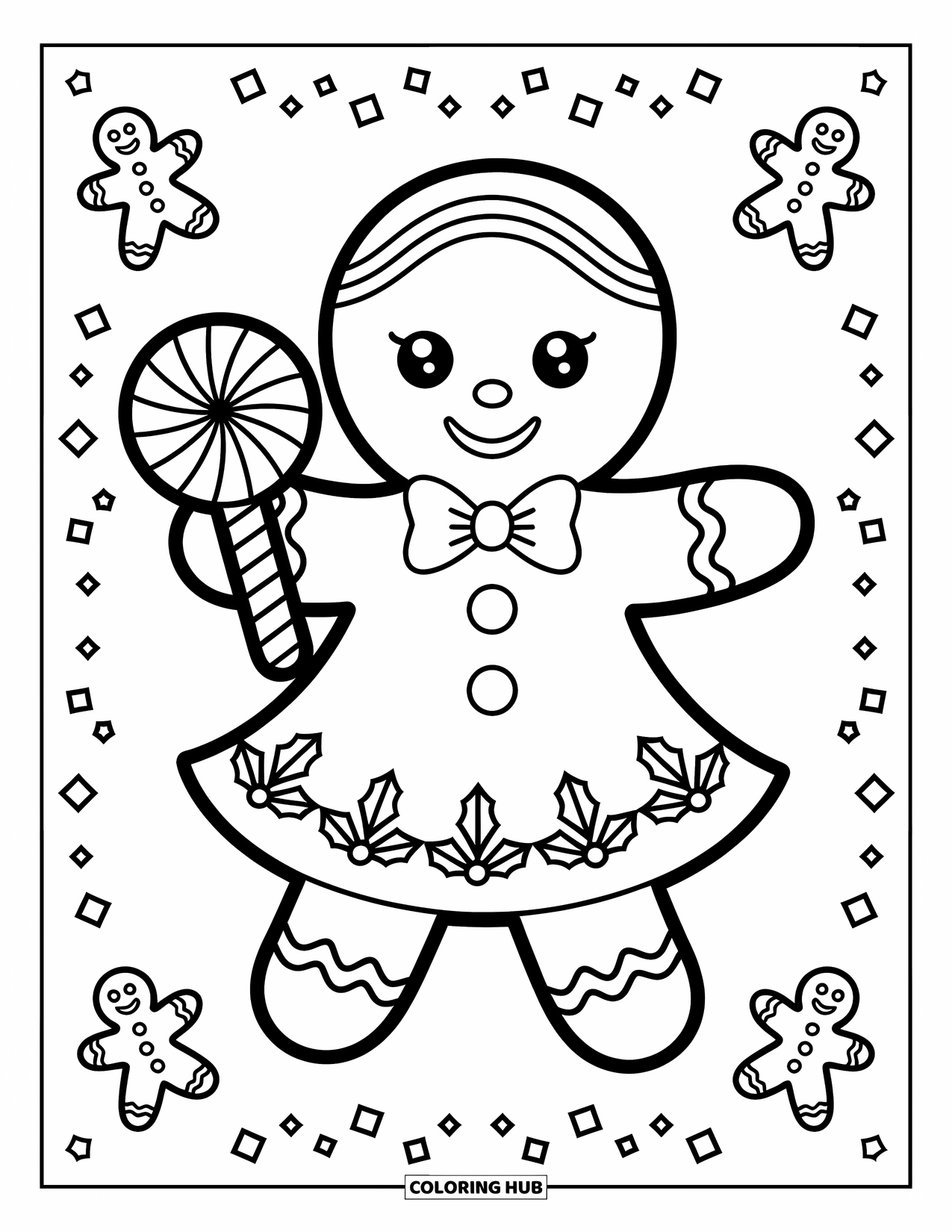 Gingerbread Coloring Page for Kids: Smiling gingerbread girl holds a peppermint swirl and wears a festive bow