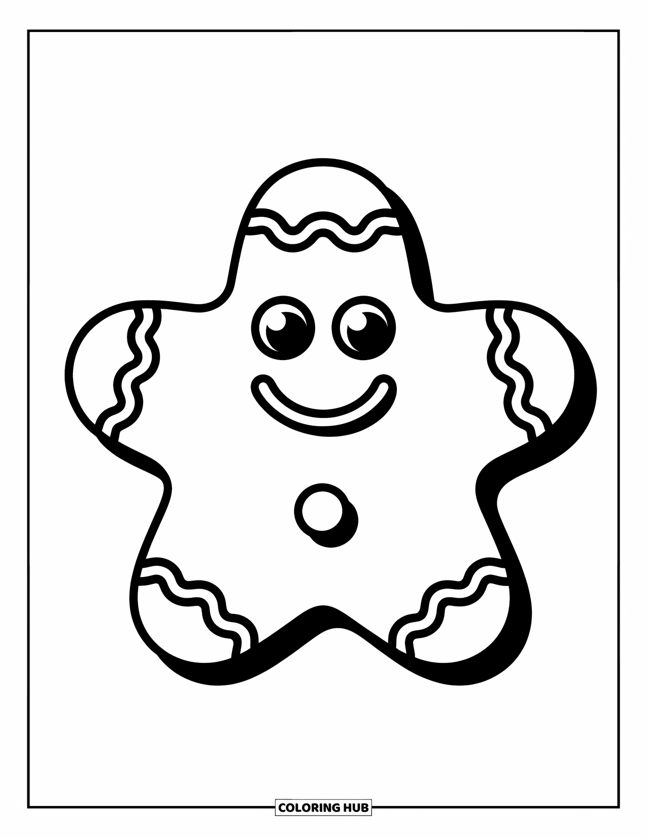 Gingerbread Coloring Page for Kids: Star-shaped gingerbread cookie with big button eyes smiles brightly