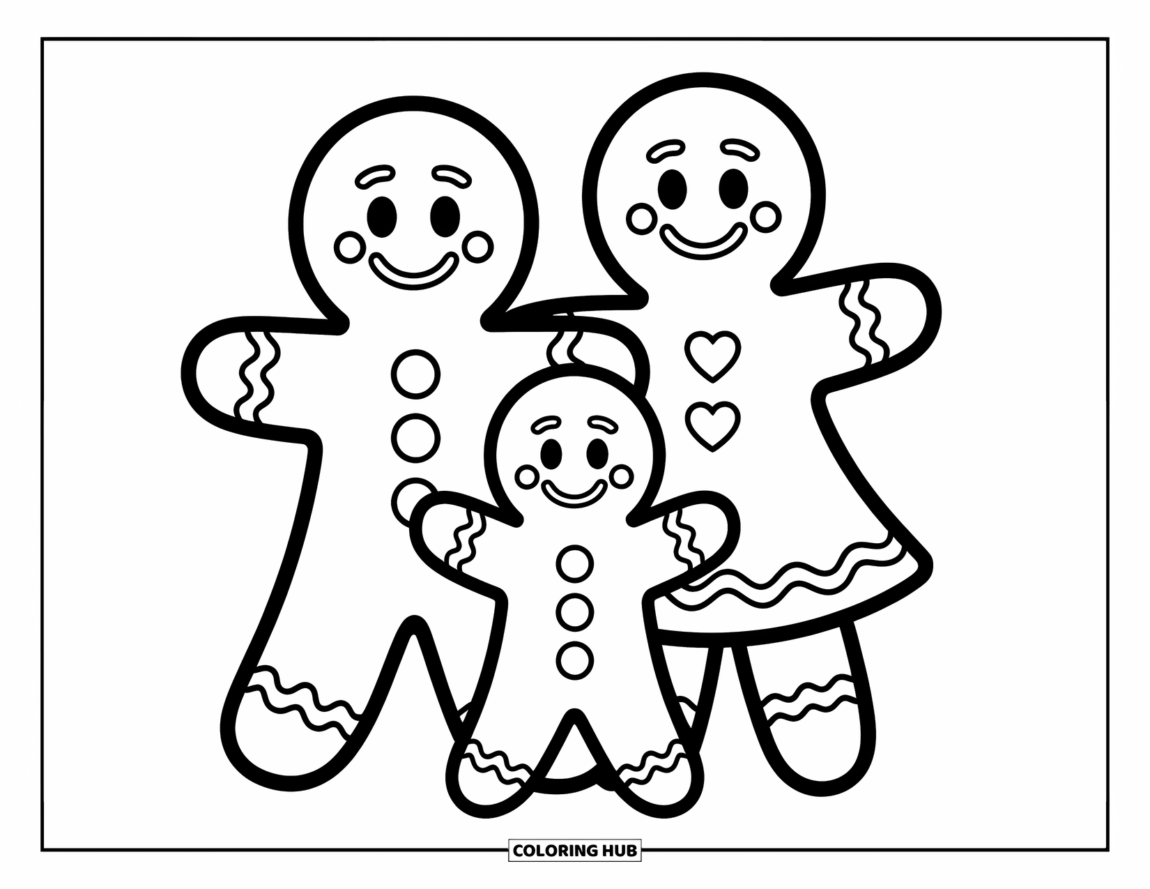 Gingerbread Coloring Page for Kids: Three cheerful gingerbread figures stand side by side with unique button shapes