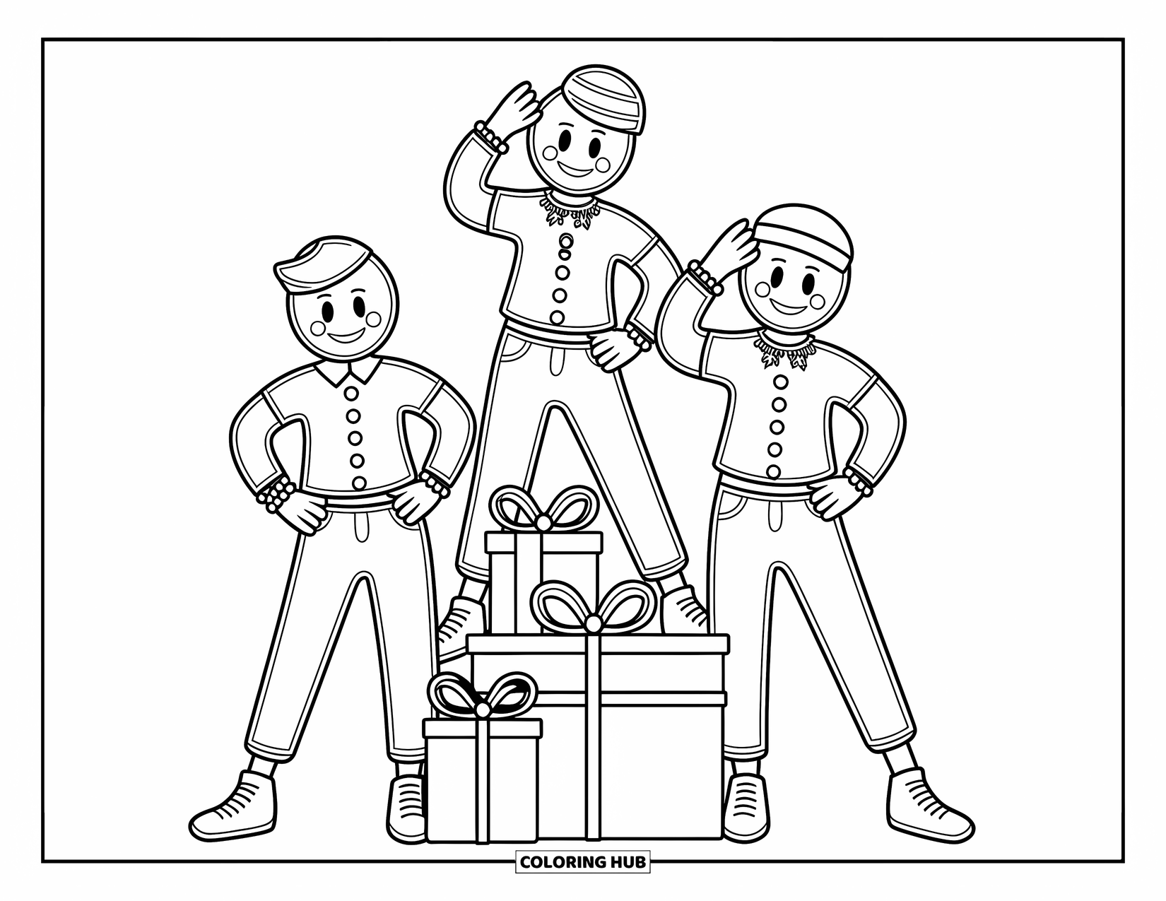 Gingerbread Coloring Page for Kids: Three trendy gingerbread teens strike a pose with gift boxes