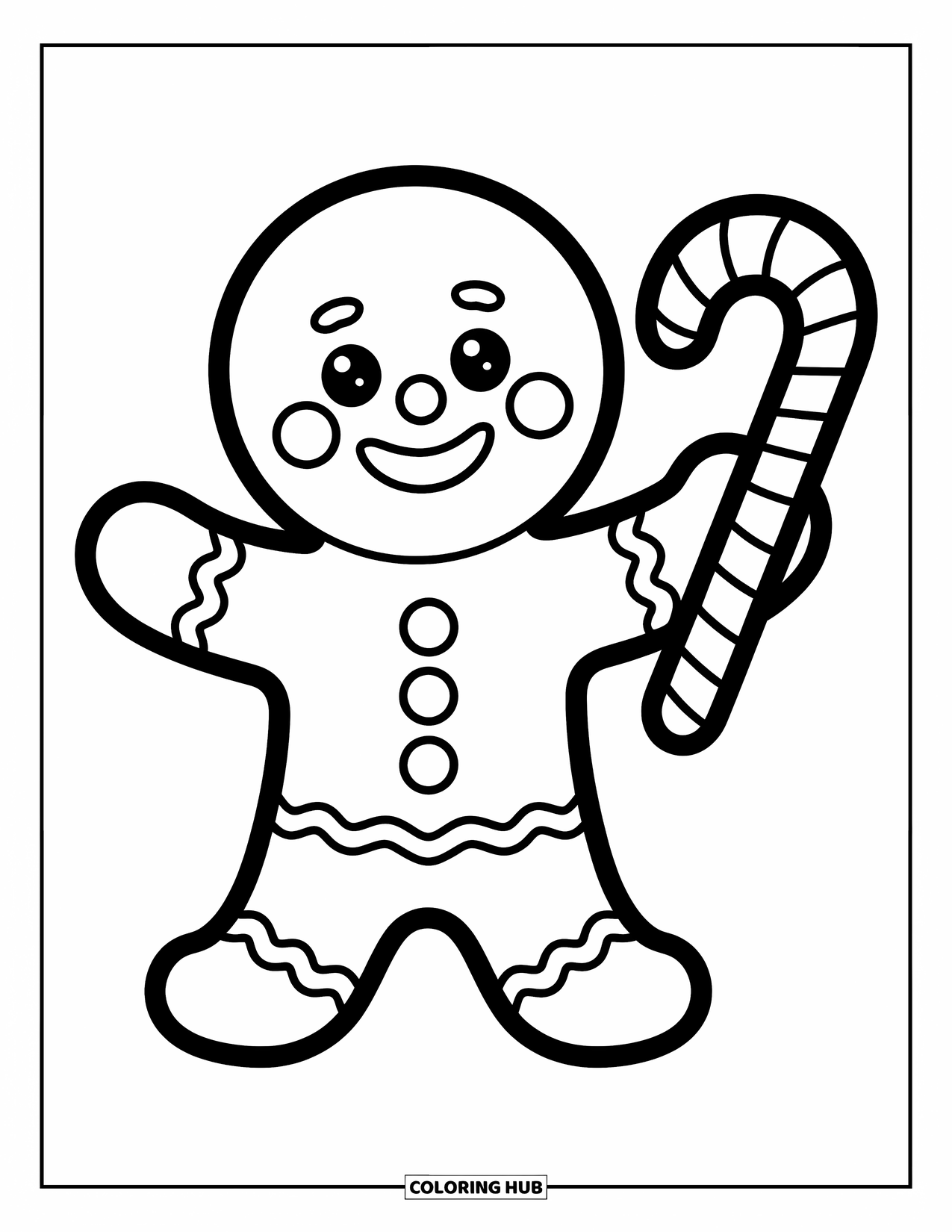 Gingerbread Coloring Page for Kids: Waving gingerbread character holds a candy cane with a cheerful grin