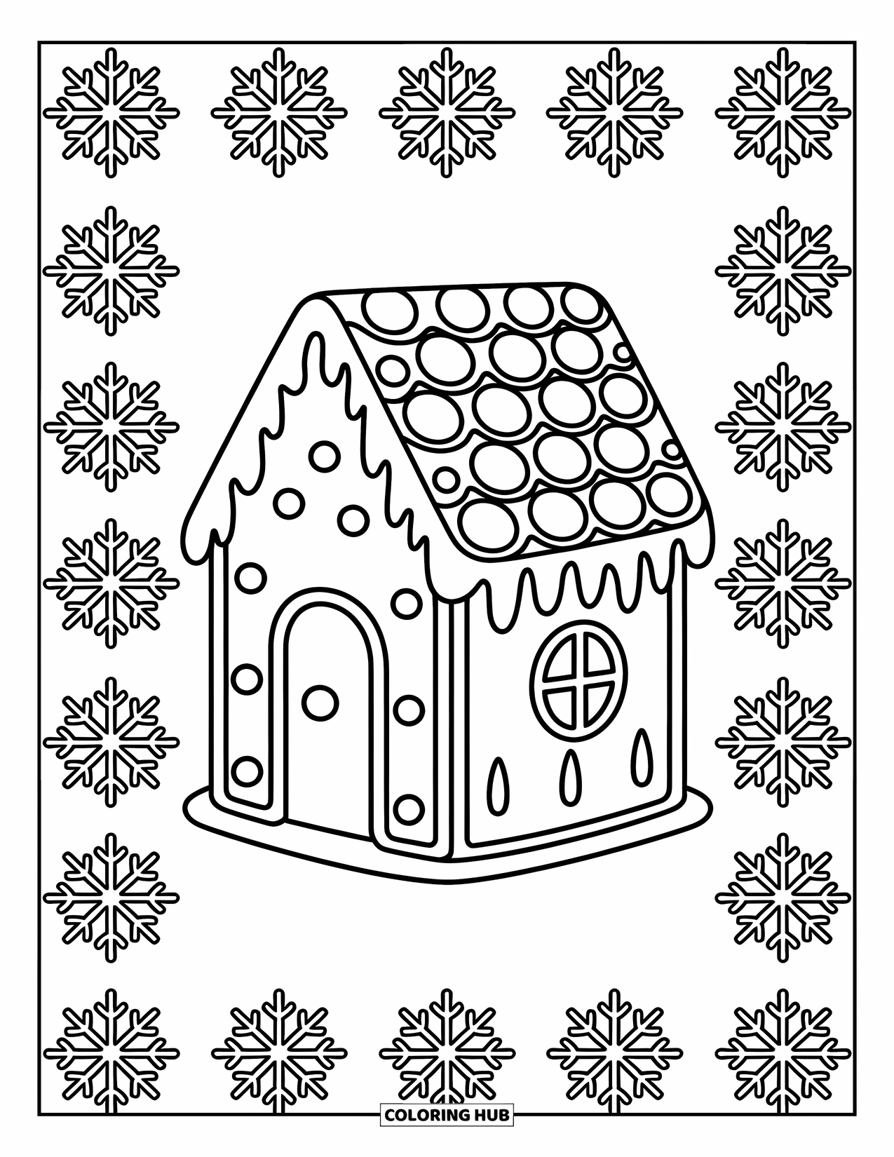 Gingerbread Coloring Page for Kids: Whimsical gingerbread house topped with gumdrops and snowflakes fills the scene with joy