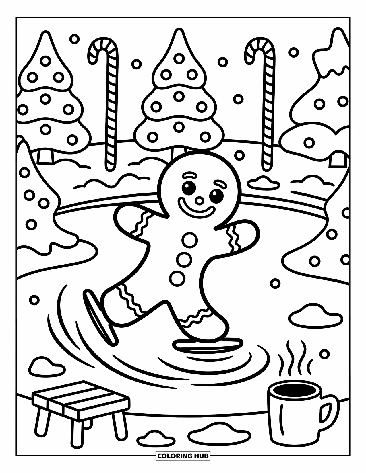 Gingerbread Man Coloring Page for Adults: Cheerful gingerbread man skating with swirling trails and marshmallow snow