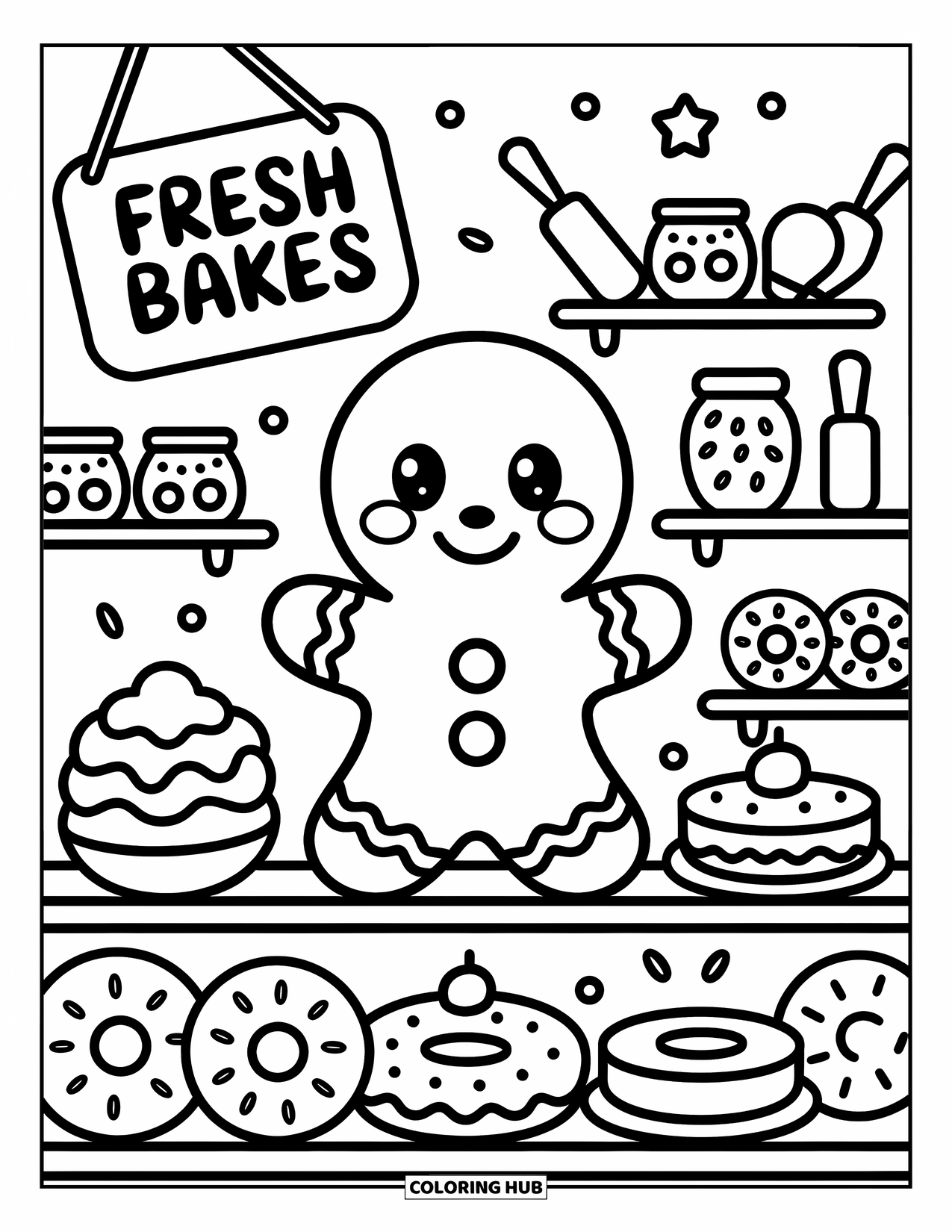 Gingerbread Man Coloring Page for Adults: Cheerful gingerbread man surrounded by baked treats and cozy kitchen tools