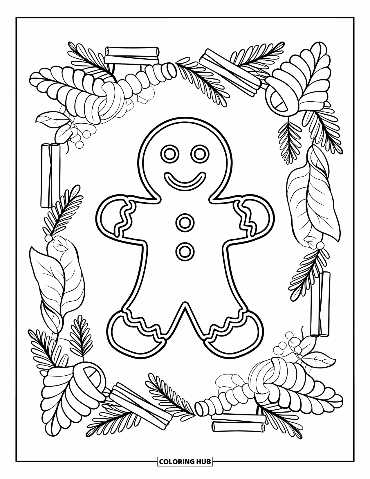 Gingerbread Man Coloring Page for Adults: Gingerbread man framed by ginger, cinnamon, and winter leaves
