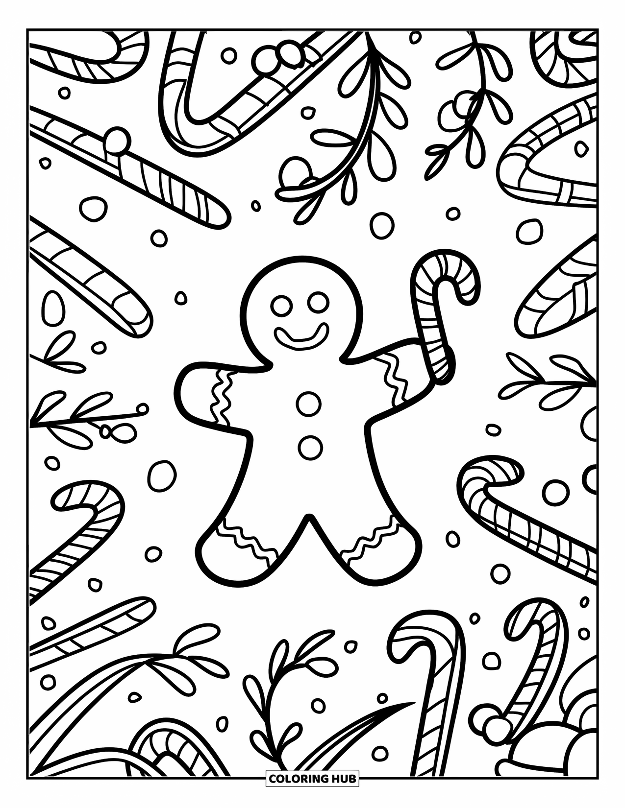Gingerbread Man Coloring Page for Adults: Gingerbread man holding a candy cane among swirls and sweets