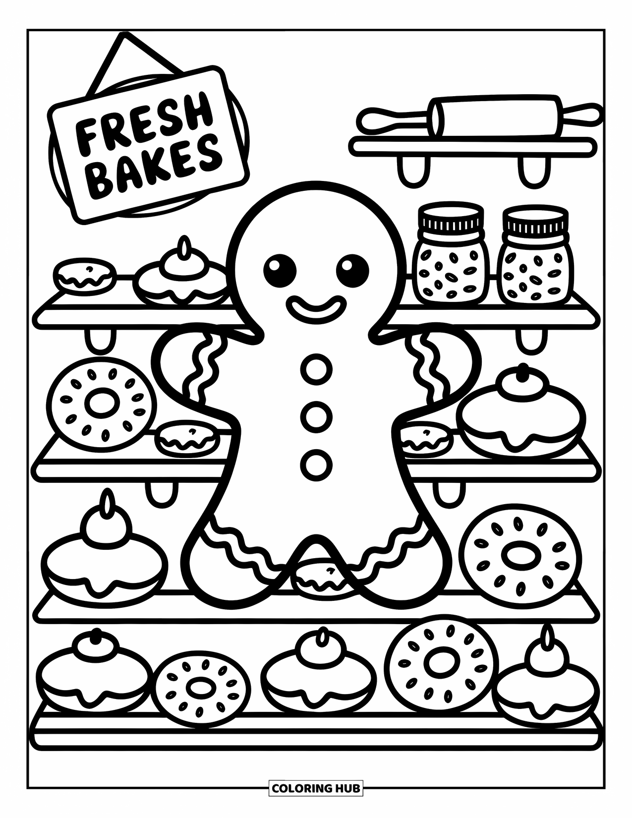 Gingerbread Man Coloring Page for Adults: Gingerbread man in a bakery display with donuts, jars, and a playful sign