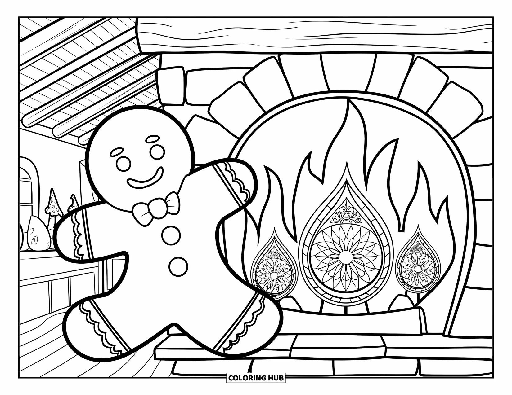 Gingerbread Man Coloring Page for Adults: Gingerbread man in a robe relaxing by a warm fire in a rustic room