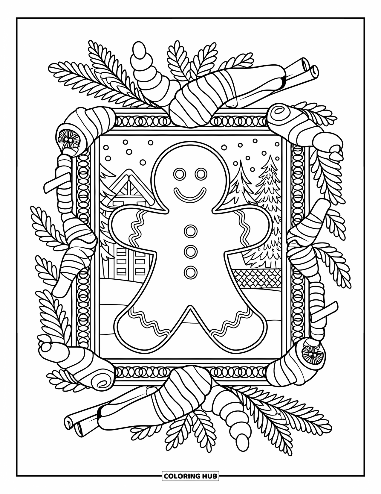 Gingerbread Man Coloring Page for Adults: Gingerbread man in a snowy scene surrounded by spices and winter foliage