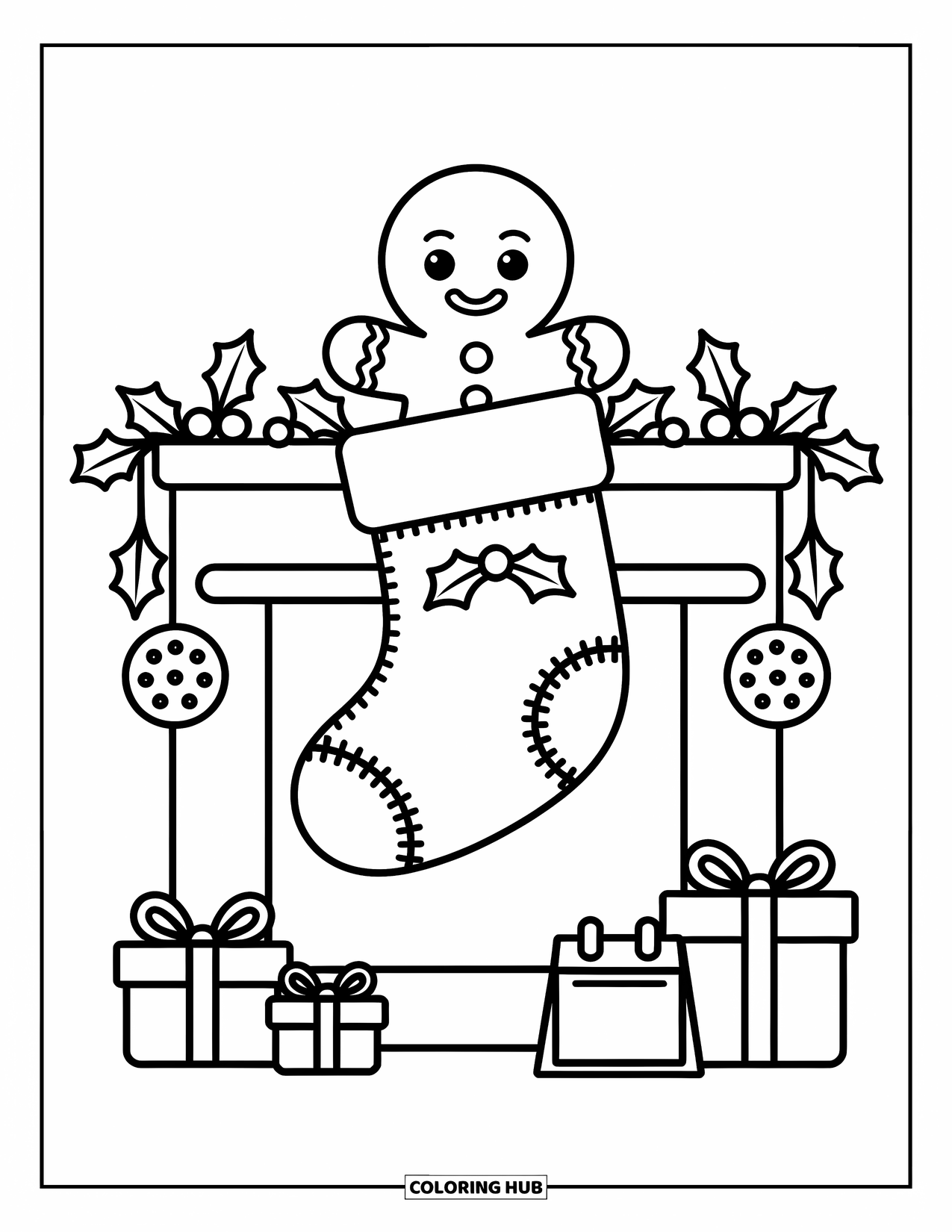 Gingerbread Man Coloring Page for Adults: Gingerbread man in a stocking surrounded by stars, gifts, and cookies