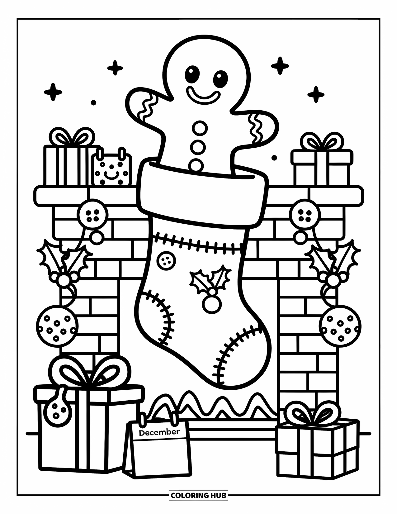 Gingerbread Man Coloring Page for Adults: Gingerbread man peeking from a big stocking above a festive fireplace
