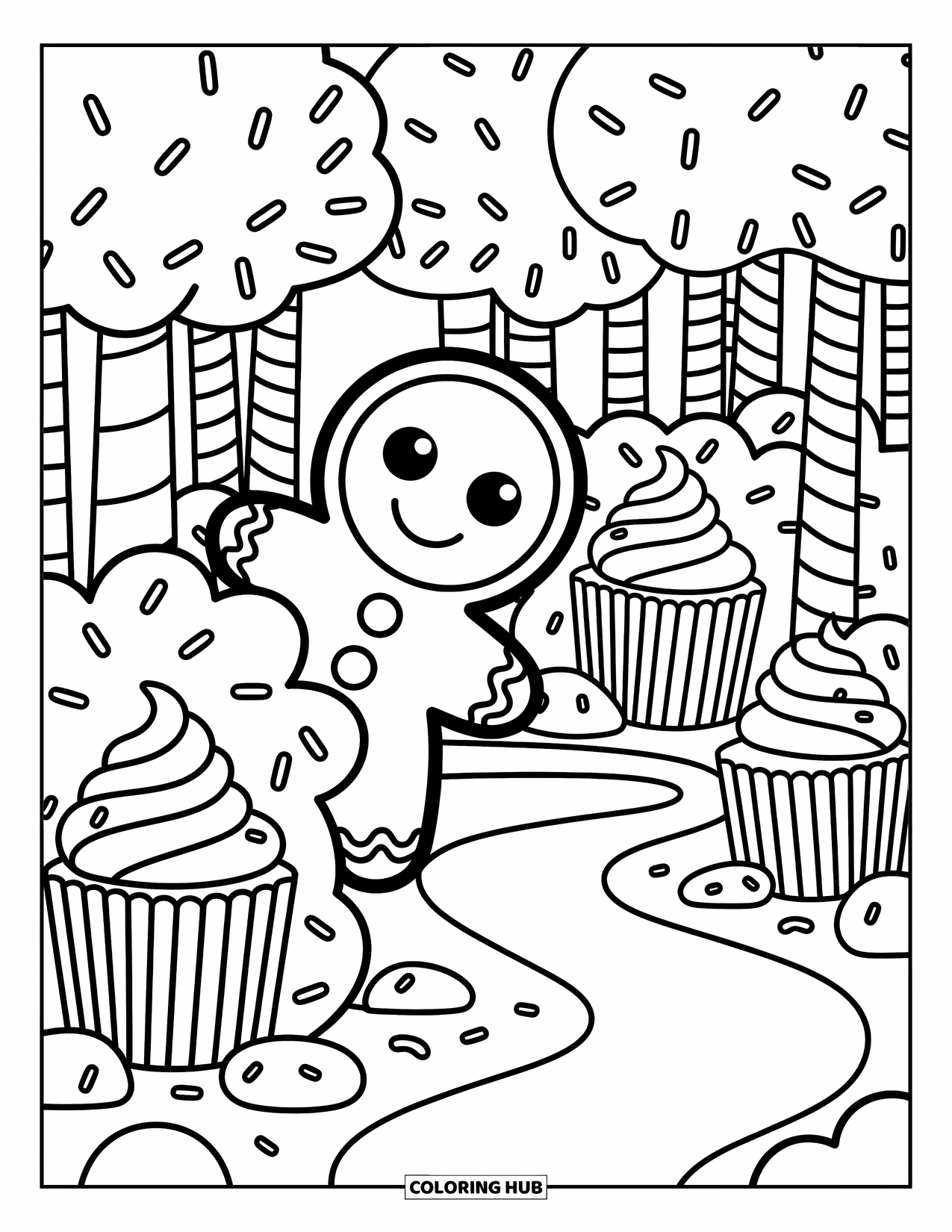 Gingerbread Man Coloring Page for Adults: Gingerbread man peeking from a marshmallow bush in a candy-filled forest