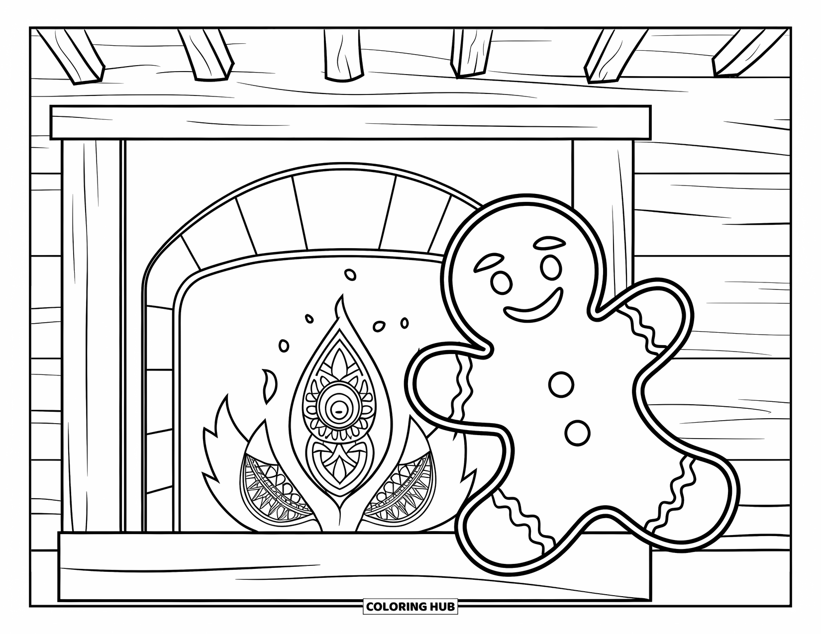 Gingerbread Man Coloring Page for Adults: Gingerbread man relaxing by a cozy fireplace with patterned flames