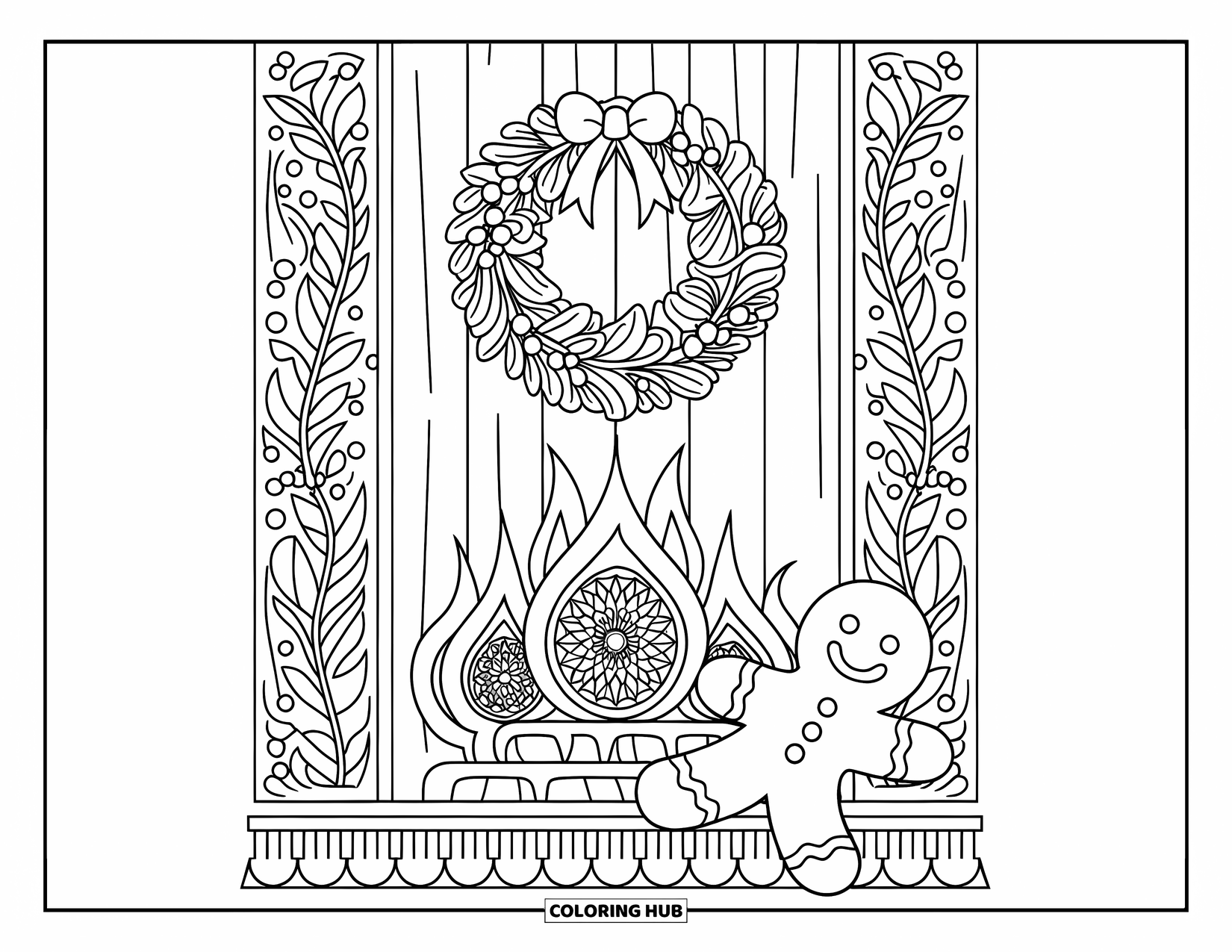 Gingerbread Man Coloring Page for Adults: Gingerbread man resting near a fireplace with holiday wreath and carved panels