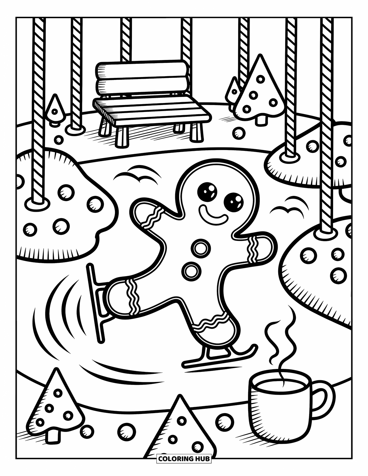 Gingerbread Man Coloring Page for Adults: Gingerbread man skating beside jellybean trees and a steaming mug