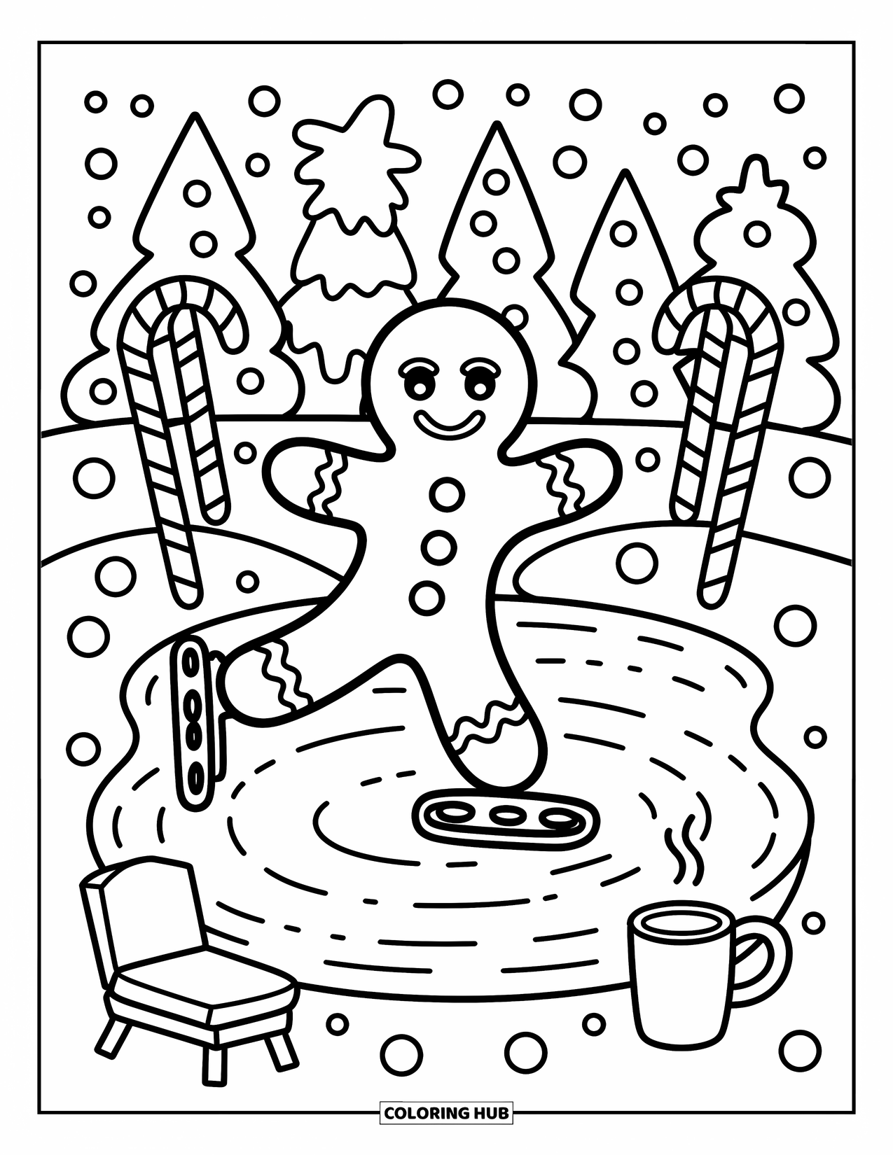 Gingerbread Man Coloring Page for Adults: Gingerbread man skating joyfully across a pond with candy cane poles