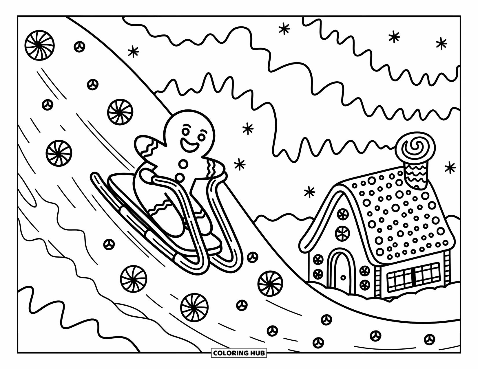 Gingerbread Man Coloring Page for Adults: Gingerbread man sledding down a frosting hill toward a cozy cookie cabin