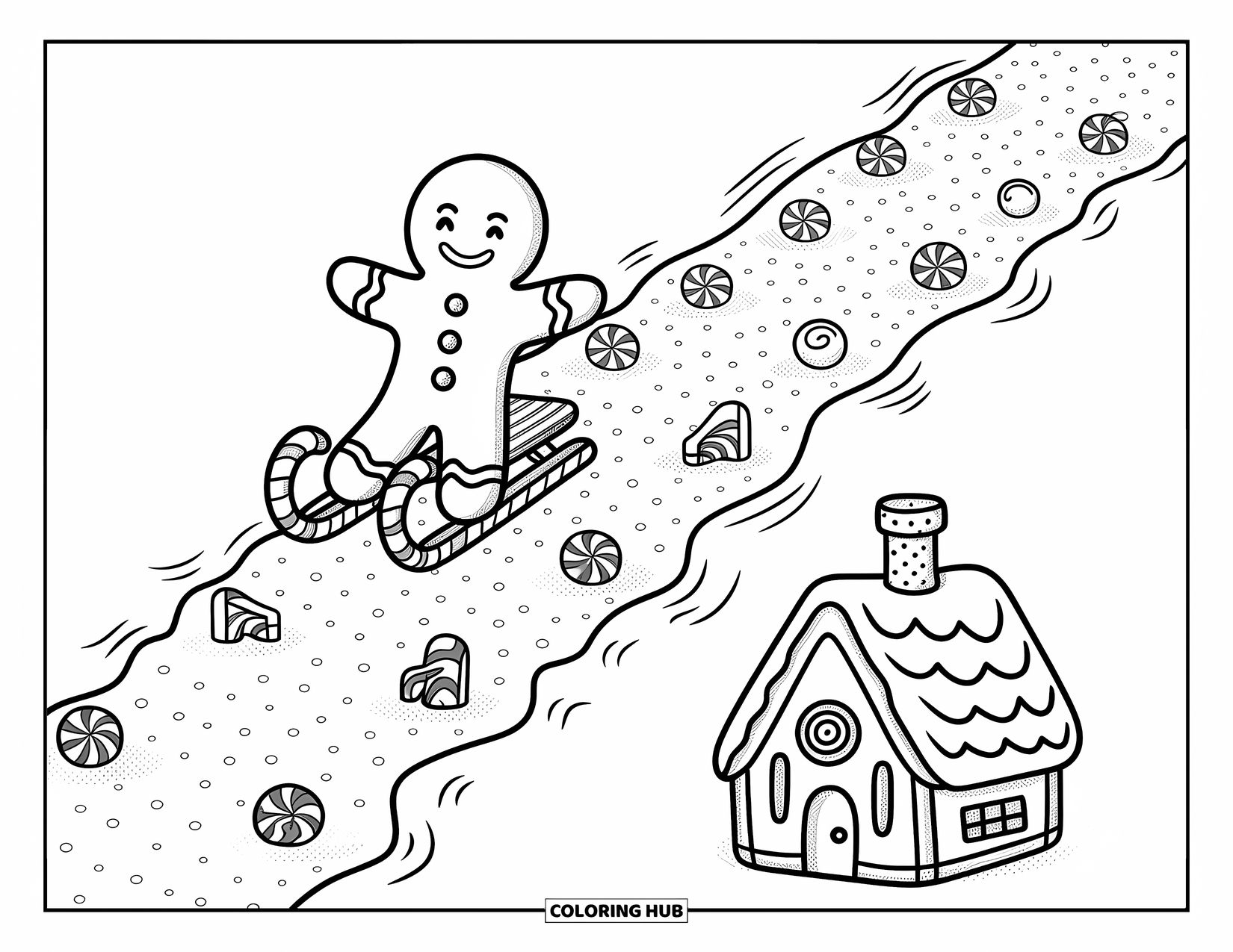 Gingerbread Man Coloring Page for Adults: Gingerbread man sliding joyfully down a swirly hill to a cookie cabin