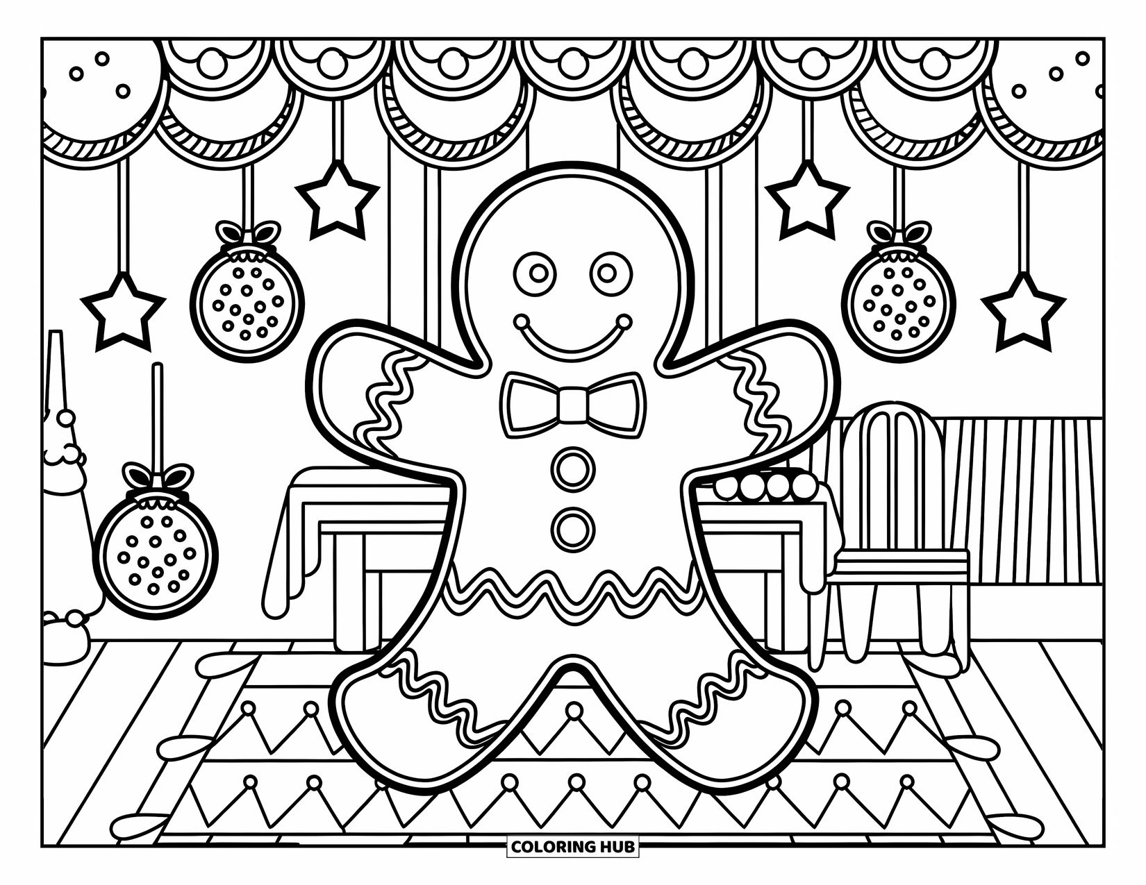 Gingerbread Man Coloring Page for Adults: Gingerbread man standing near a festive table and patterned rug