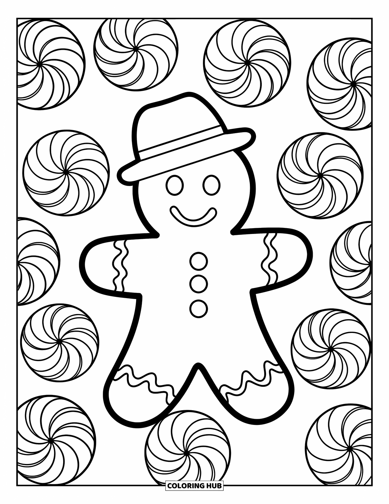 Gingerbread Man Coloring Page for Adults: Gingerbread man surrounded by swirling peppermint mandala patterns
