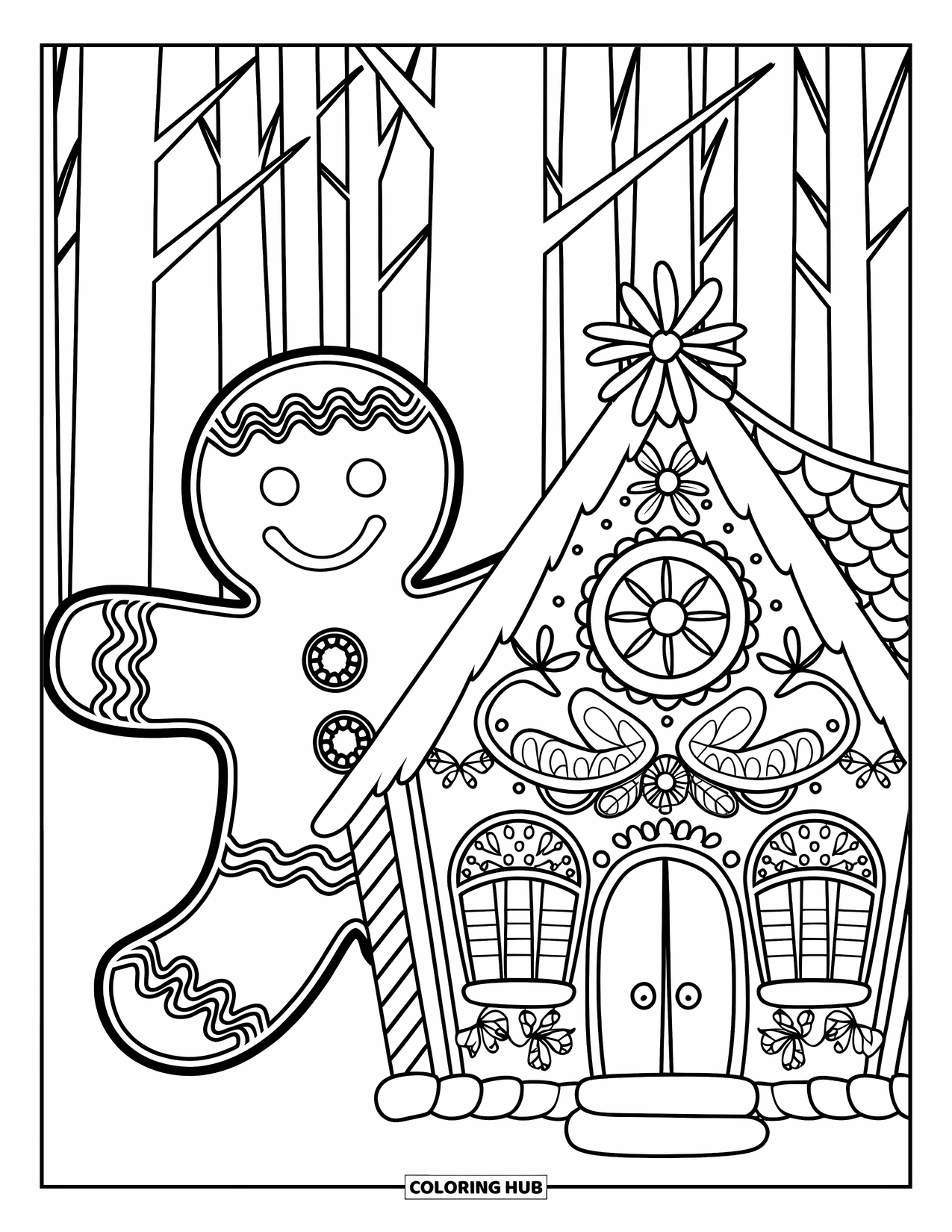 Gingerbread Man Coloring Page for Adults: Gingerbread man with detailed frosting near a fancy cookie house
