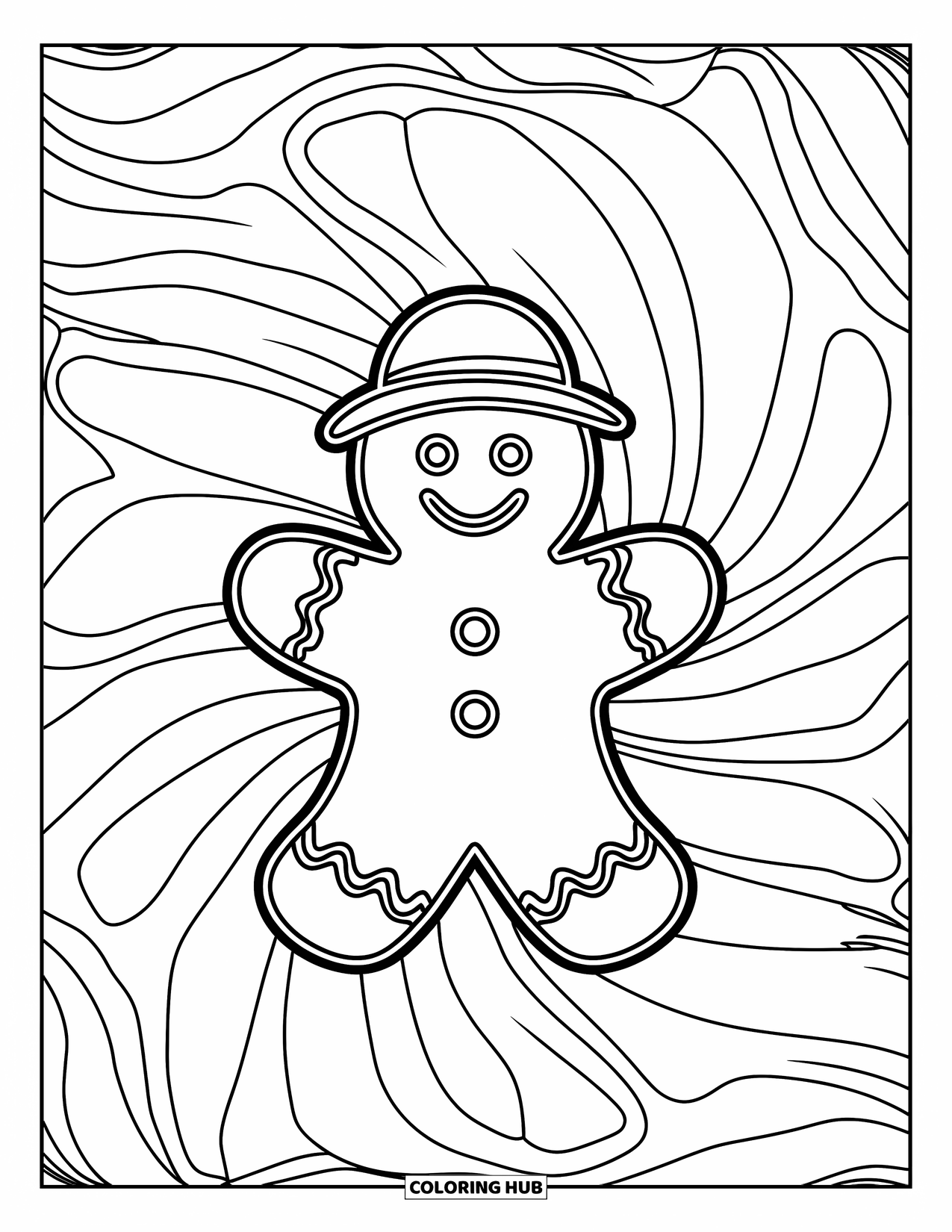 Gingerbread Man Coloring Page for Adults: Gingerbread man with mandala peppermint patterns filling the scene