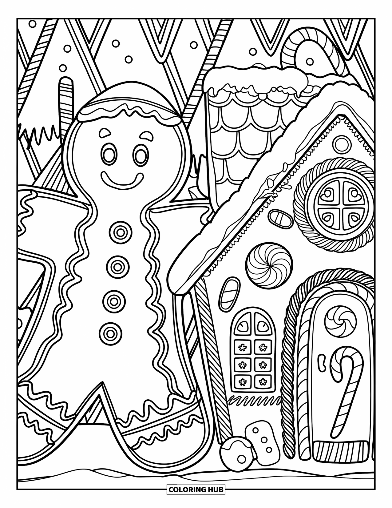 Gingerbread Man Coloring Page for Adults: Smiling gingerbread man and house surrounded by candy trees