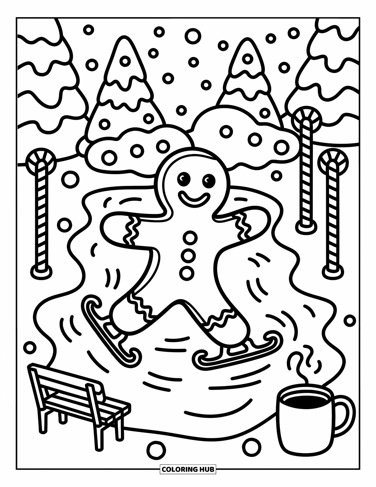Gingerbread Man Coloring Page for Adults: Smiling gingerbread man gliding past icing trees and a cozy bench