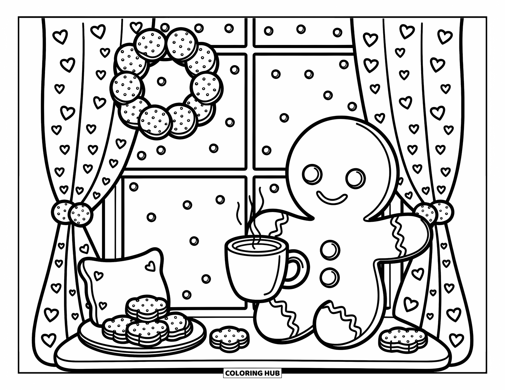 Gingerbread Man Coloring Page for Adults: Smiling gingerbread man holding cocoa near a window with cookie wreath decor
