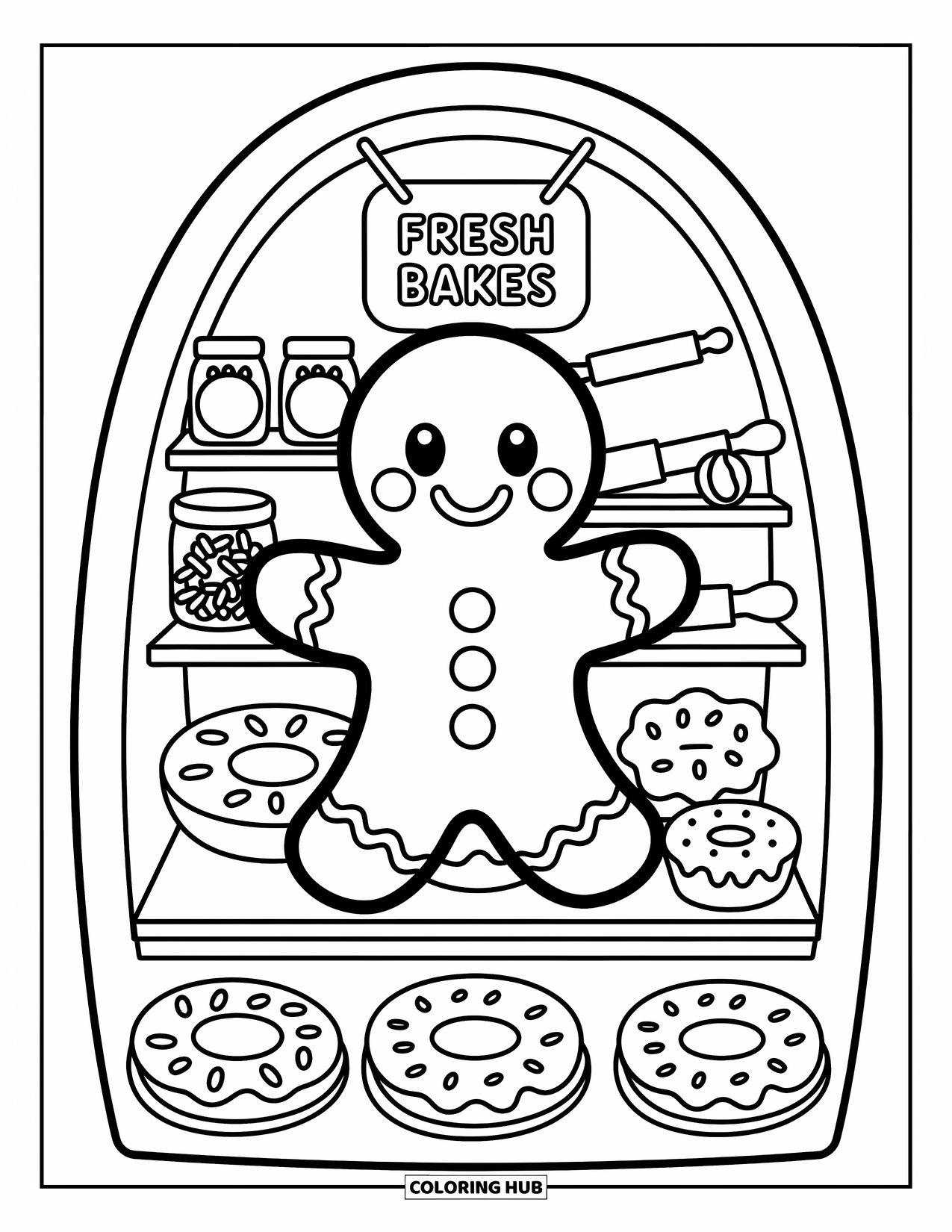 Gingerbread Man Coloring Page for Adults: Smiling gingerbread man in a bakery case filled with cookies and sprinkles
