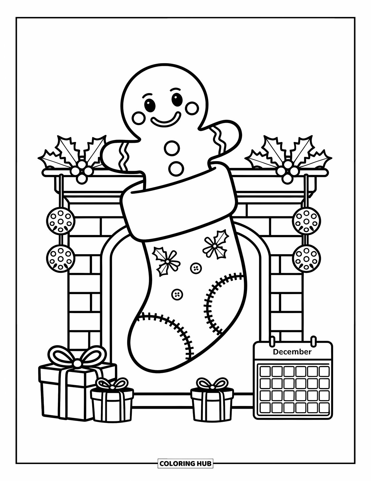 Gingerbread Man Coloring Page for Adults: Smiling gingerbread man inside a stocking with garlands and tiny presents